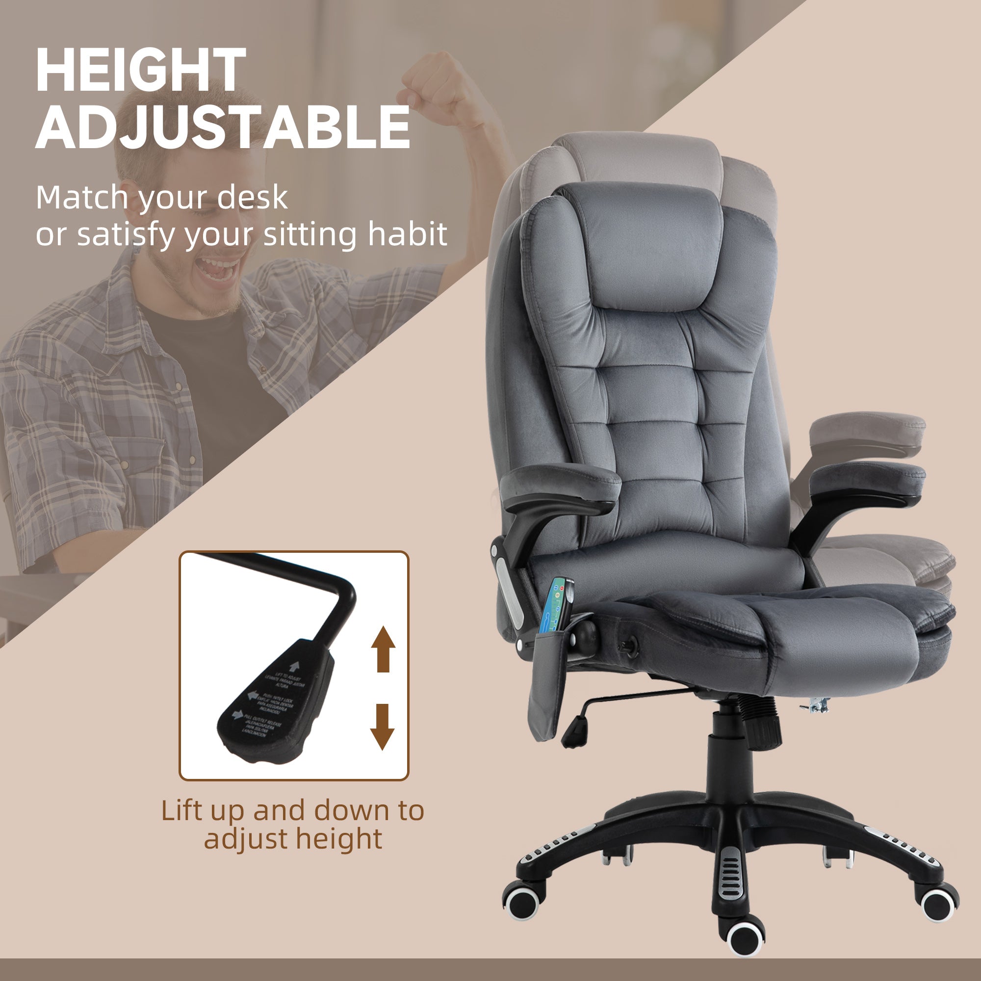 Vinsetto Office Chair, Ergonomic Desk Chair with 6-Point Massage and Back Heated, Velvet-Feel Fabric Computer Gaming Chair with Arms, Lumbar Support, Gray
