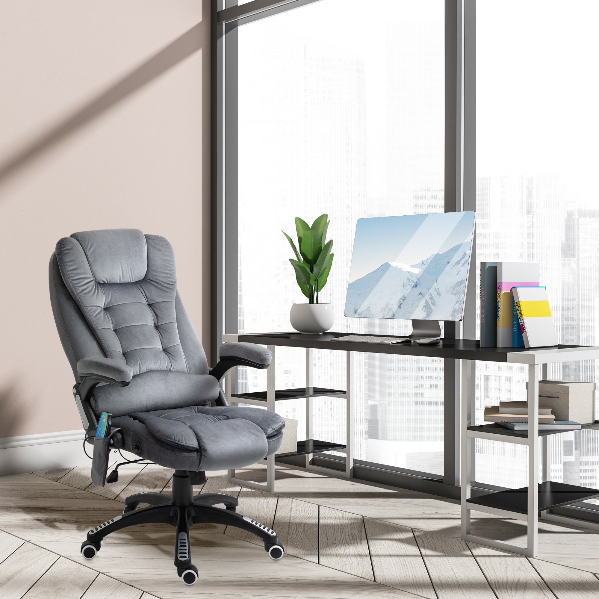 Vinsetto Office Chair, Ergonomic Desk Chair with 6-Point Massage and Back Heated, Velvet-Feel Fabric Computer Gaming Chair with Arms, Lumbar Support, Gray