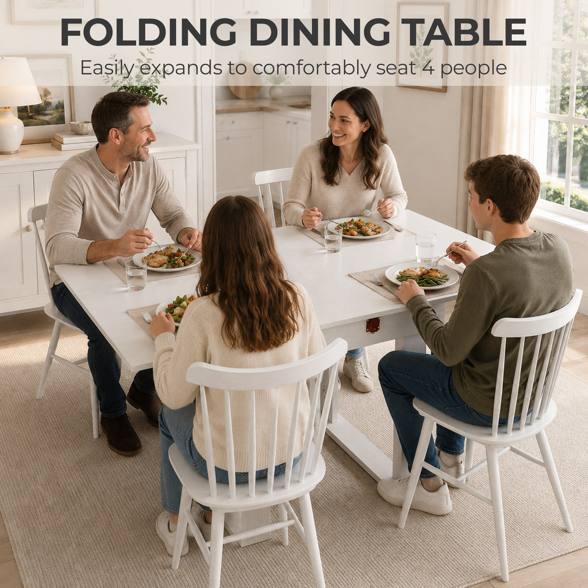 Folding Dining Table for 4 with Under-Table Storage, 70-140 cm Modern Extendable Kitchen Table with Steel Rail, Space-Saving for Kitchen, Dining Room, White
