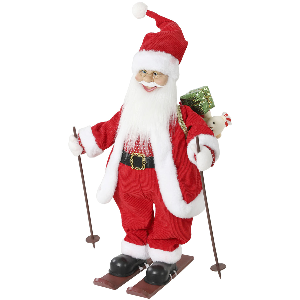 2ft Singing Skiing Santa Claus, 66 cm Standing Musical Animated Santa with Ski Board, Poles, Sack, Posable Arms, Handcrafted, Sound Touch Activated, Moving Christmas Figure Decoration