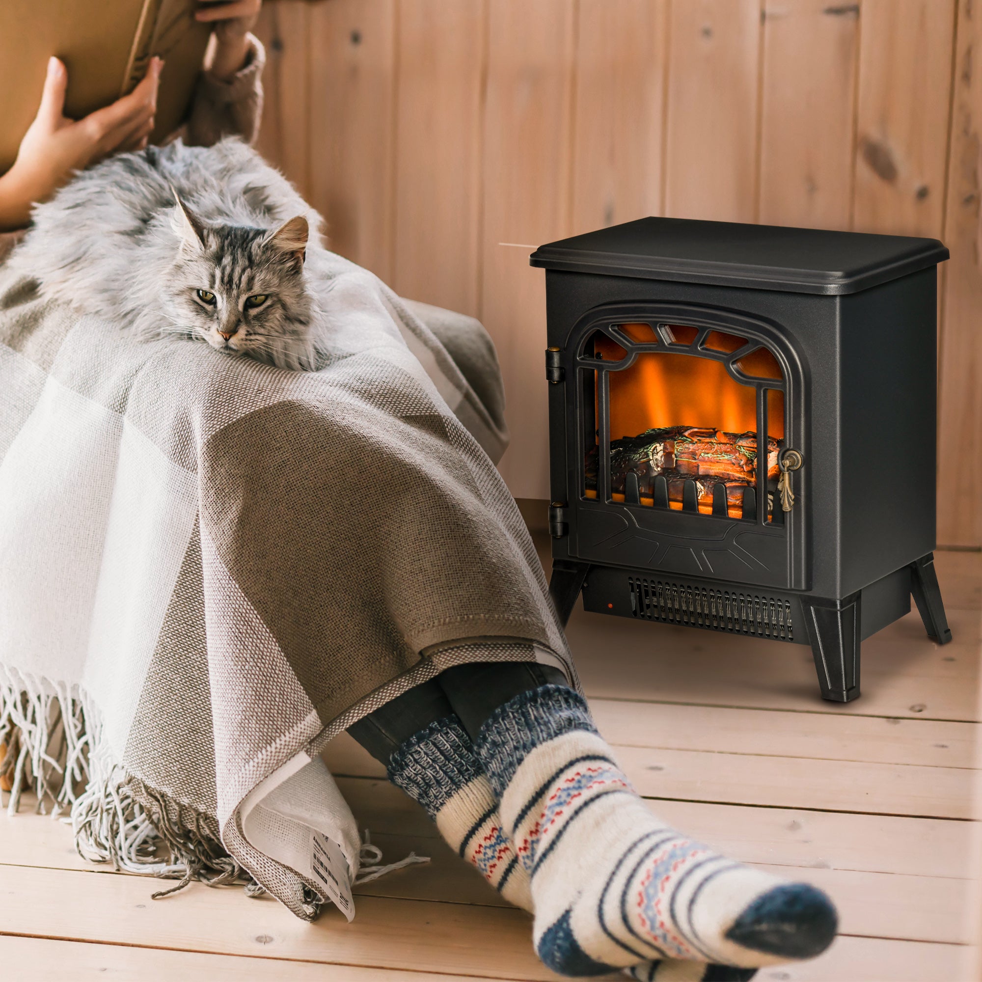 Electric Fireplace Stove, 16" 1500W Portable Freestanding Fireplace Heater with 3D Realistic Flame, Indoor Stove Heater with Overheat Protection, Black