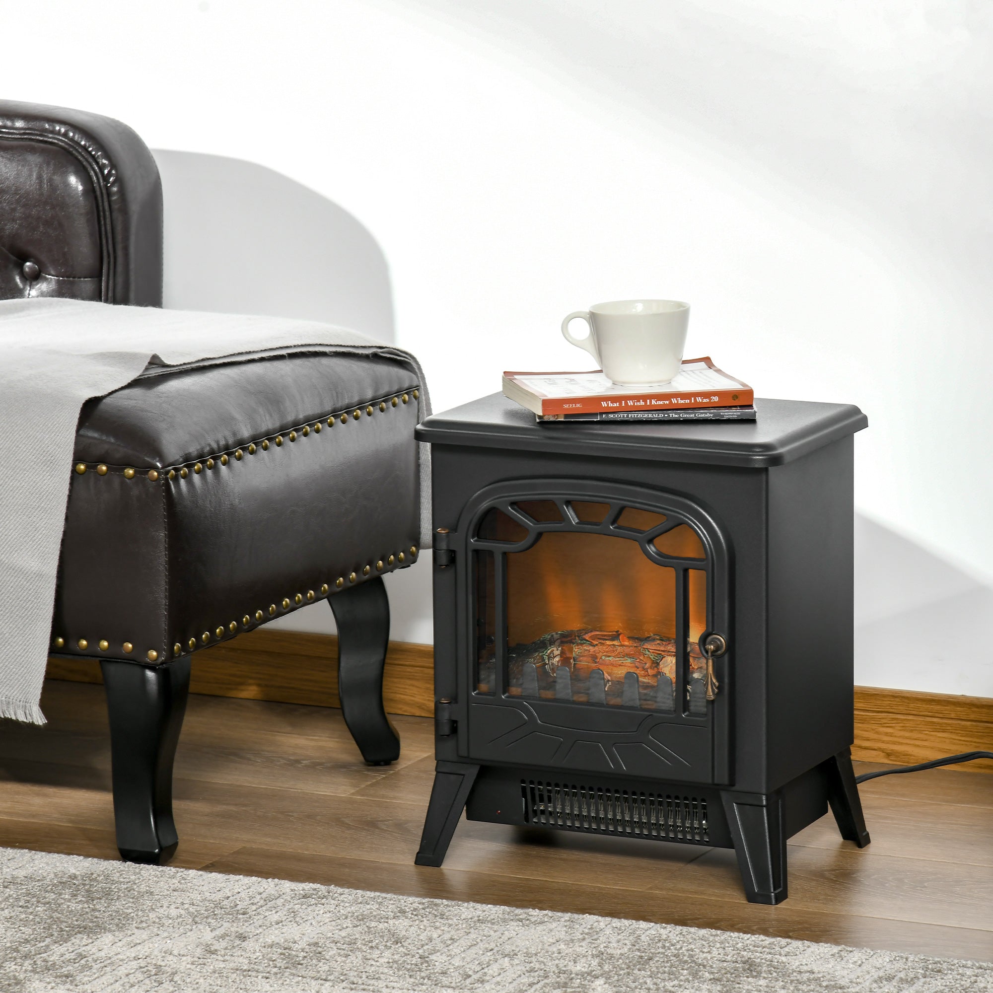 Electric Fireplace Stove, 16" 1500W Portable Freestanding Fireplace Heater with 3D Realistic Flame, Indoor Stove Heater with Overheat Protection, Black