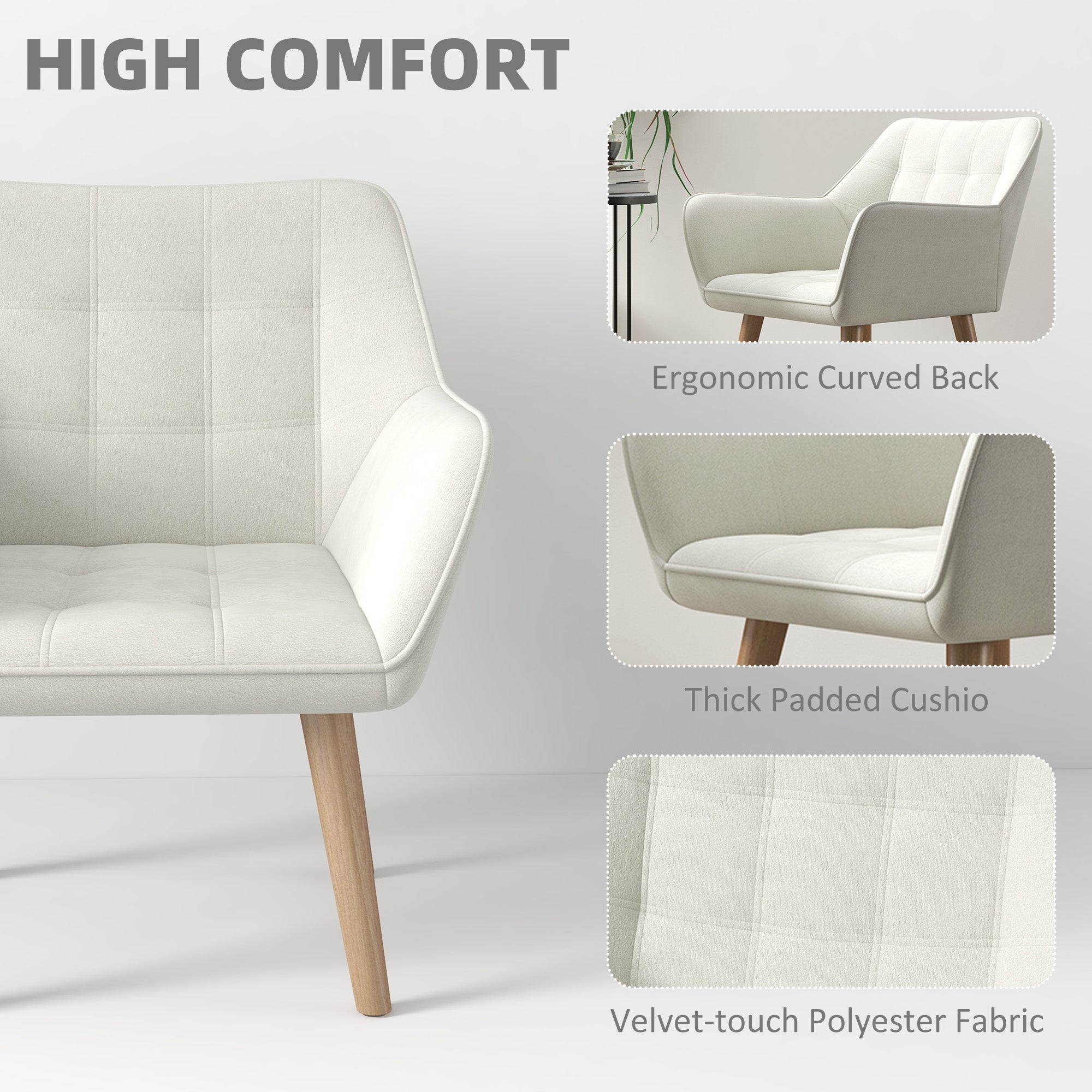 HOMCOM Armchair Accent Chair, Vanity Chair with Wide Arms, Slanted Back, Padding, Metal Frame, Wooden Legs, Home Bedroom Furniture Seating, Cream White