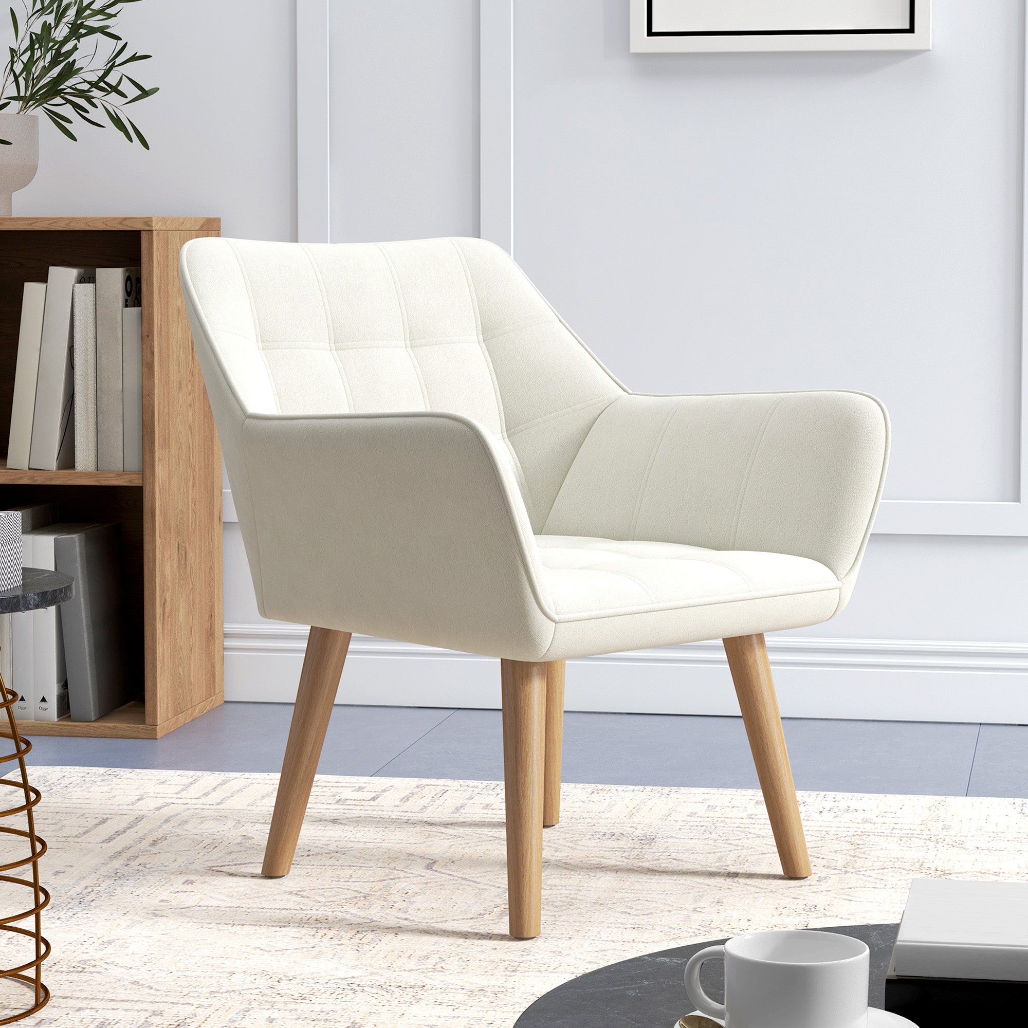HOMCOM Armchair Accent Chair, Vanity Chair with Wide Arms, Slanted Back, Padding, Metal Frame, Wooden Legs, Home Bedroom Furniture Seating, Cream White