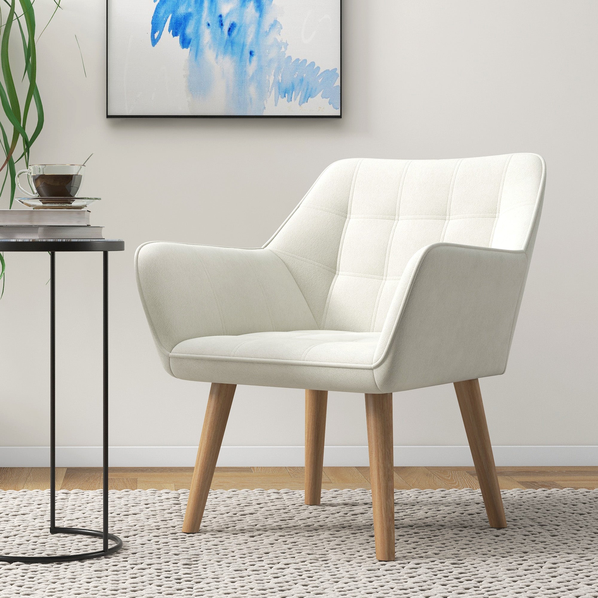 HOMCOM Armchair Accent Chair, Vanity Chair with Wide Arms, Slanted Back, Padding, Metal Frame, Wooden Legs, Home Bedroom Furniture Seating, Cream White