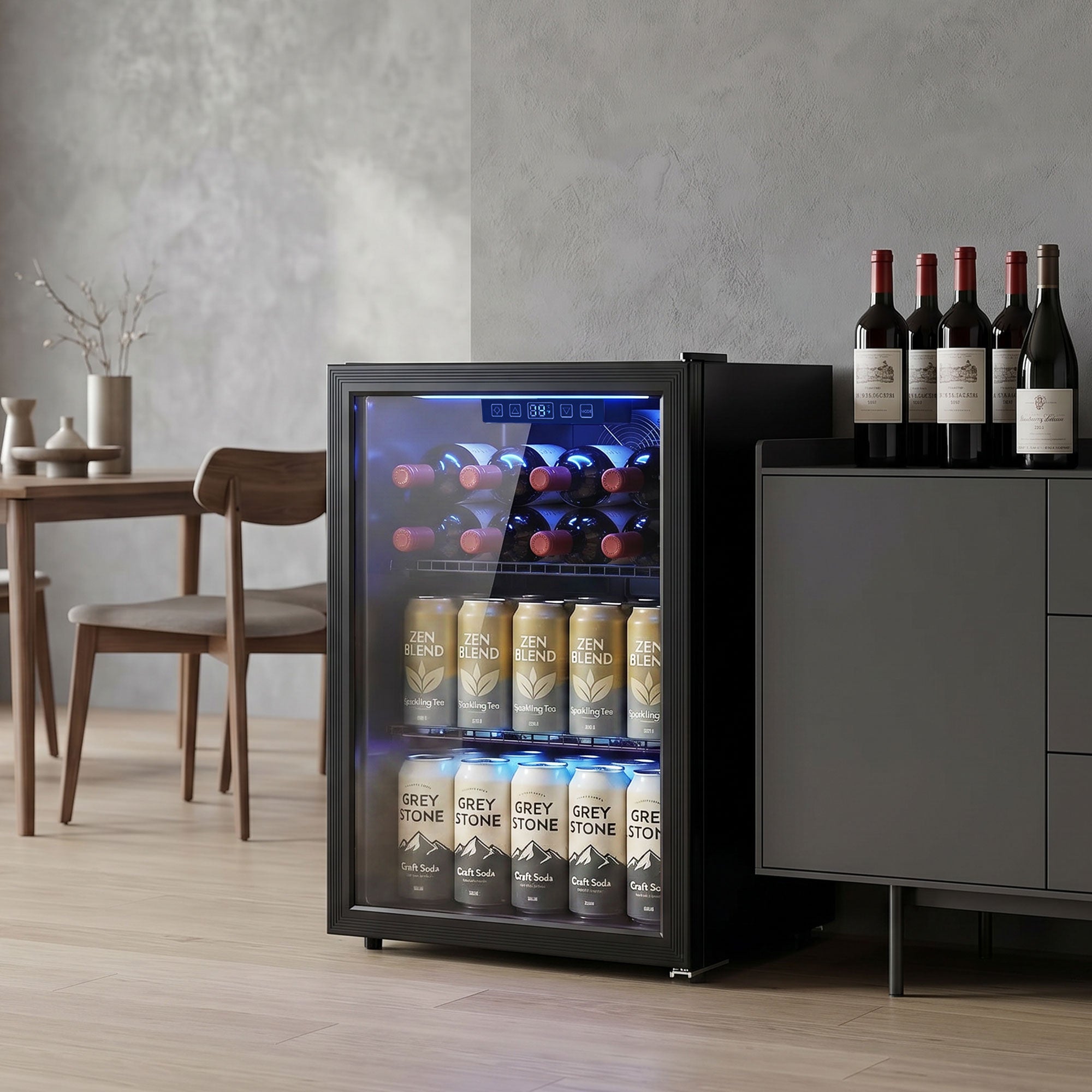 70L Drinks Fridge, 70 Can Under Counter Freestanding Beer Fridge with Double-Layer Glass Door, Wine Cooler with LED Light, Adjustable Shelves, Beverage Cooler for Soda Beer, Home Office