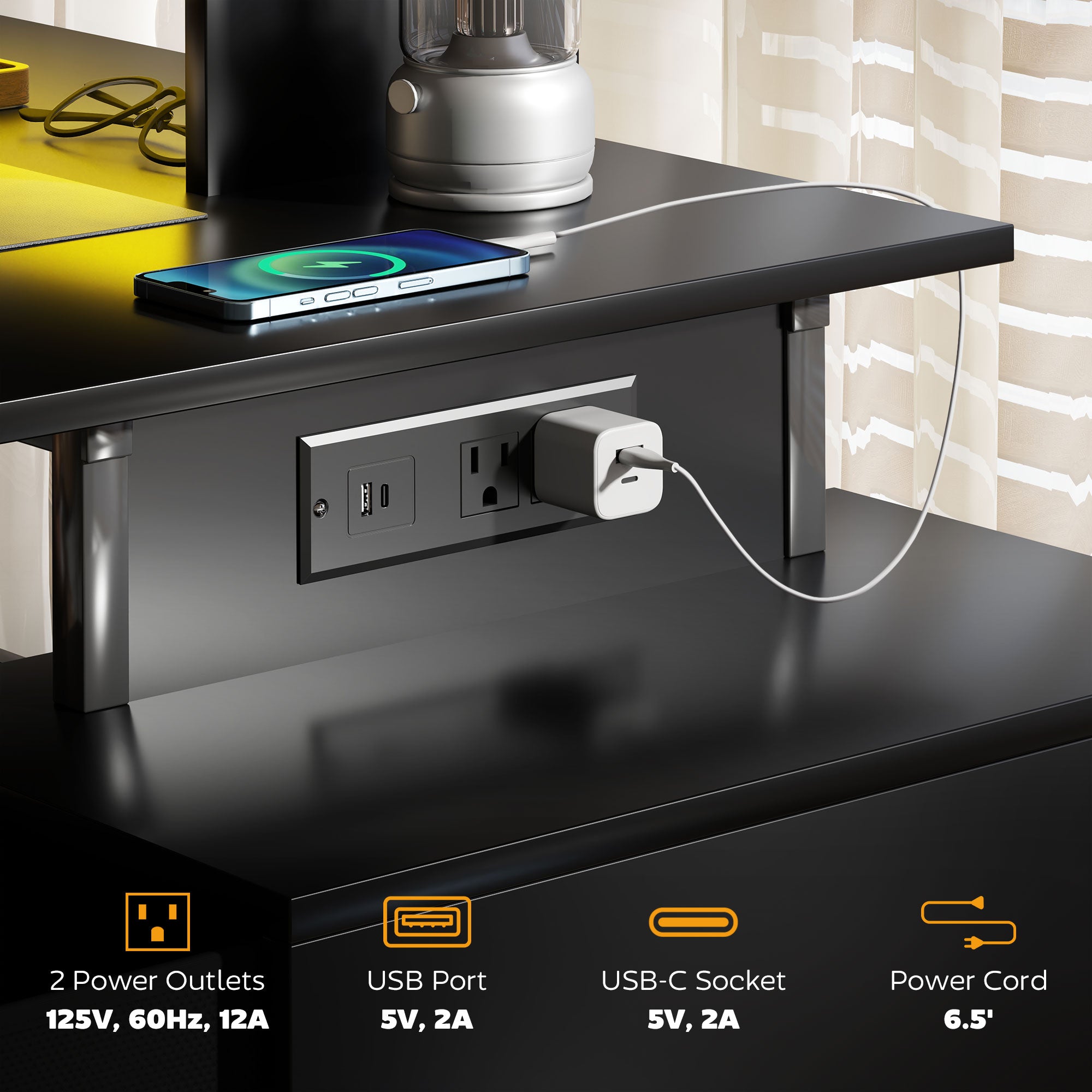 HOMCOM 56" Gaming Desk with Power Outlets and LED Lights, Computer Desk with Monitor Stand, 2 CPU Stands and Pegboard for Home Office, Black