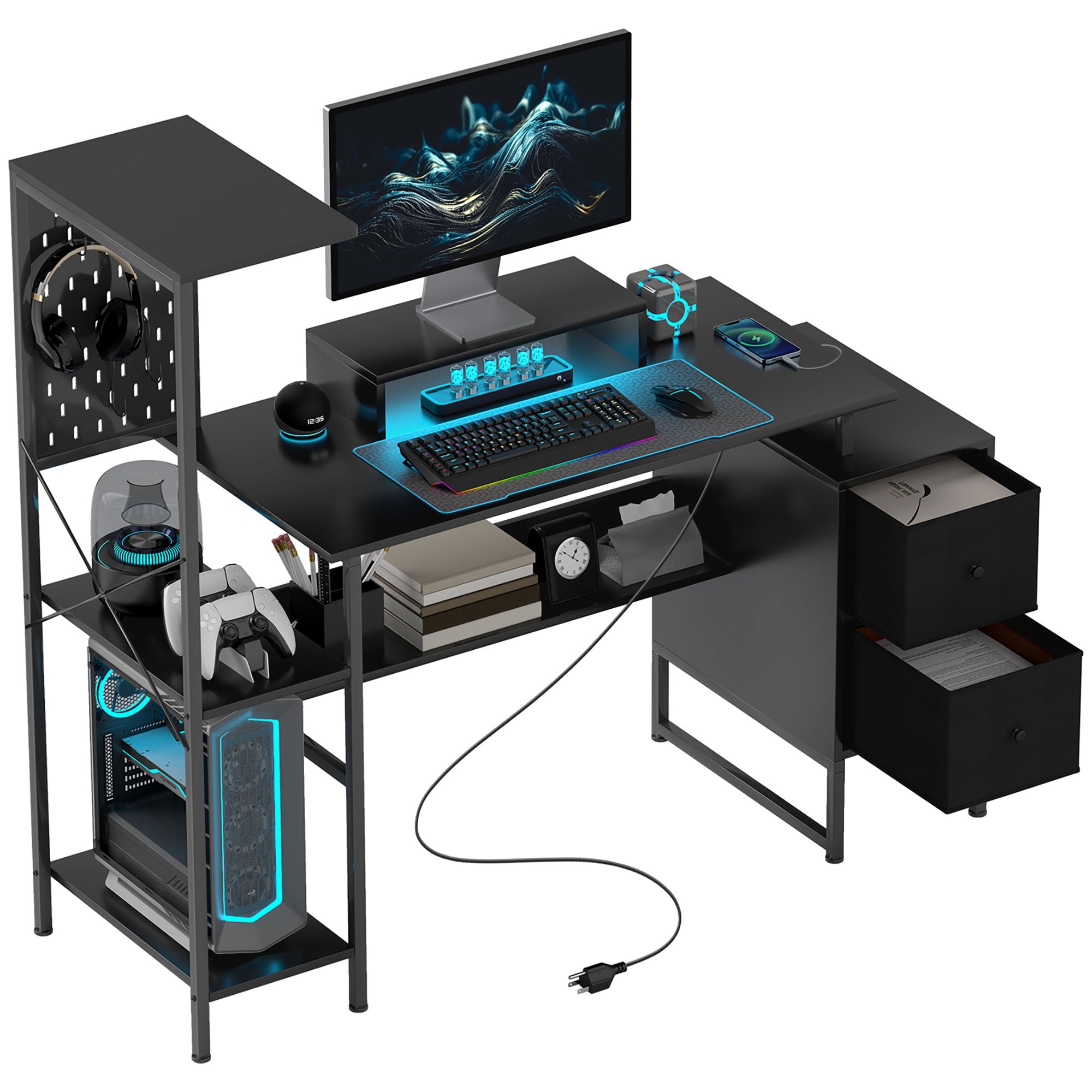 HOMCOM 56" Gaming Desk with Power Outlets and LED Lights, Computer Desk with Monitor Stand, 2 CPU Stands and Pegboard for Home Office, Black