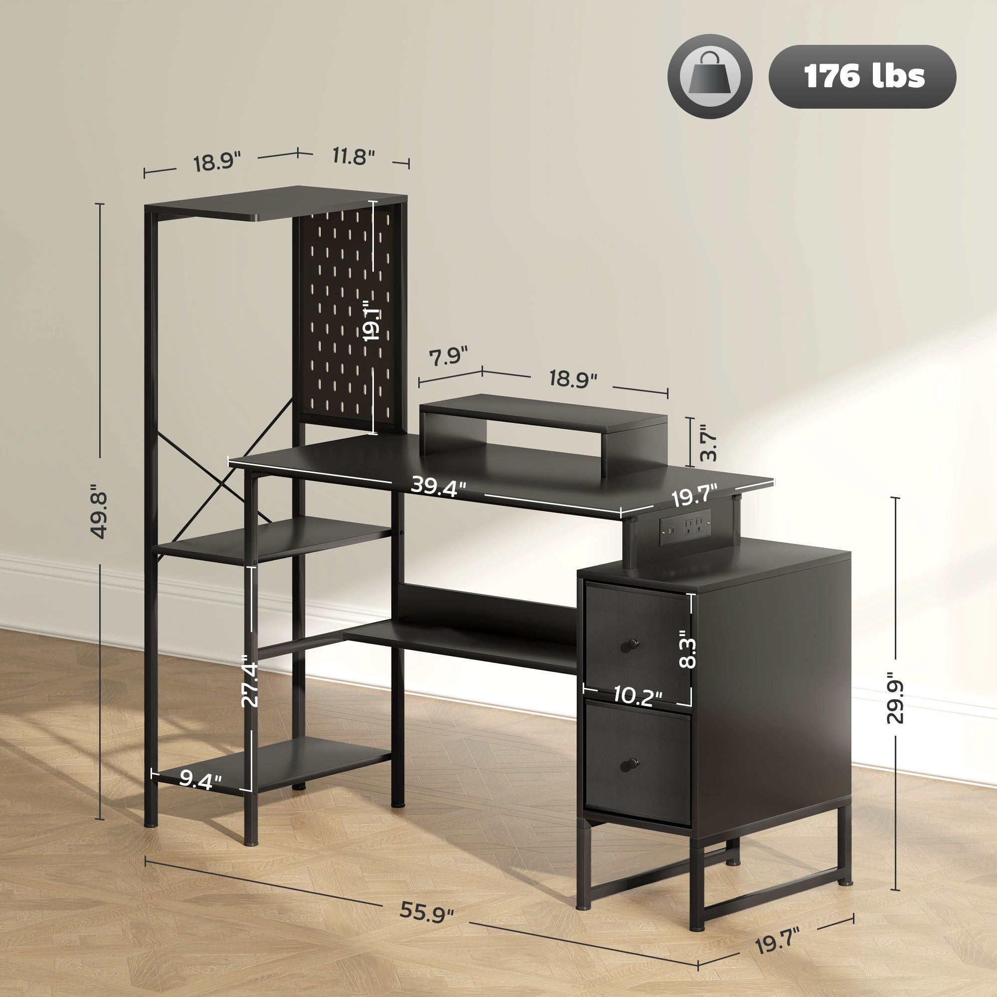 HOMCOM 56" Gaming Desk with Power Outlets and LED Lights, Computer Desk with Monitor Stand, 2 CPU Stands and Pegboard for Home Office, Black