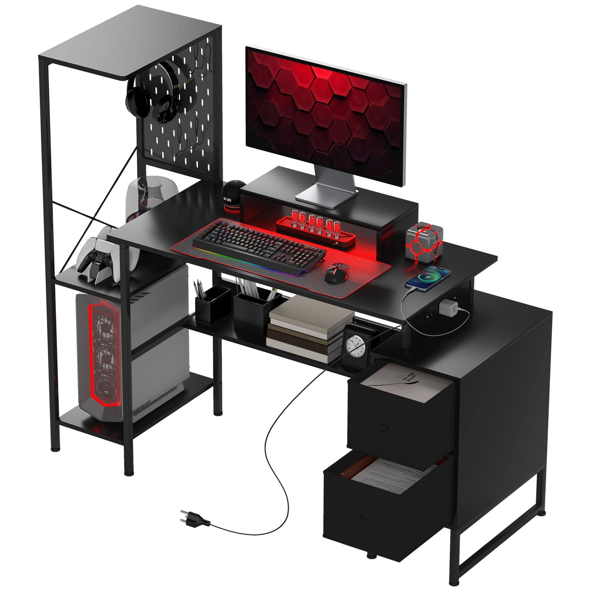 HOMCOM 56" Gaming Desk with Power Outlets and LED Lights, Computer Desk with Monitor Stand, 2 CPU Stands and Pegboard for Home Office, Black