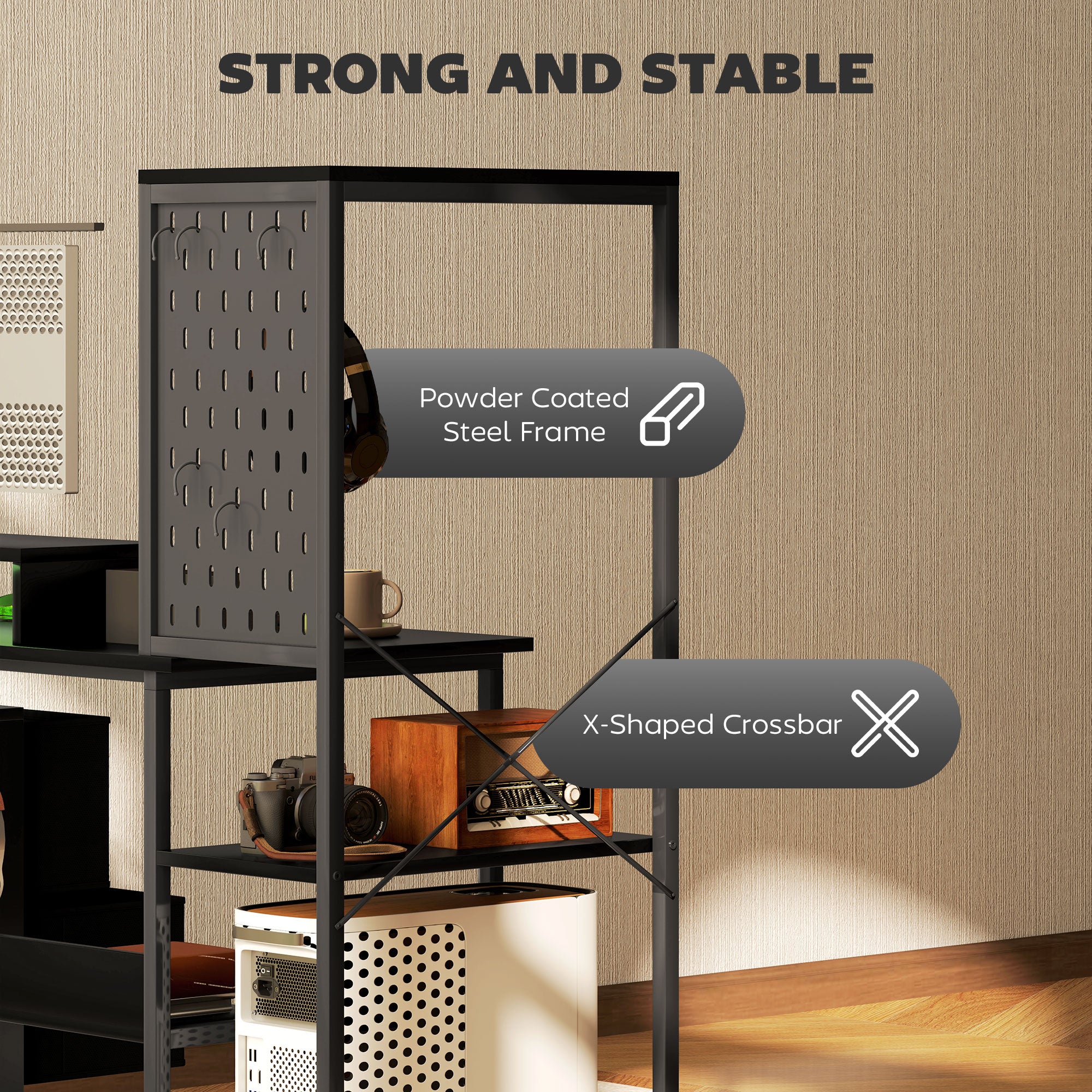 HOMCOM 56" Gaming Desk with Power Outlets and LED Lights, Computer Desk with Monitor Stand, 2 CPU Stands and Pegboard for Home Office, Black