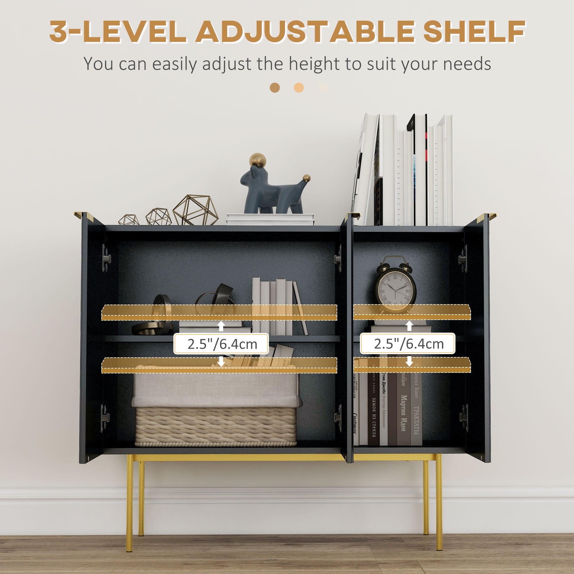 HOMCOM Accent Cabinet, Sideboard Buffet Cabinet, Modern Storage Cabinet with Gold Legs, Soft Close, Adjustable Shelves, Black