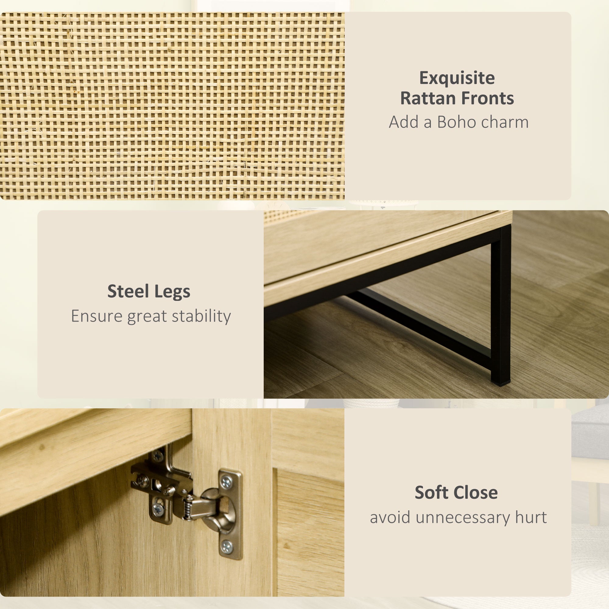 Solace Sideboard Cabinet with Rattan Doors Adjustable Shelf Metal Base Storage Cabinet