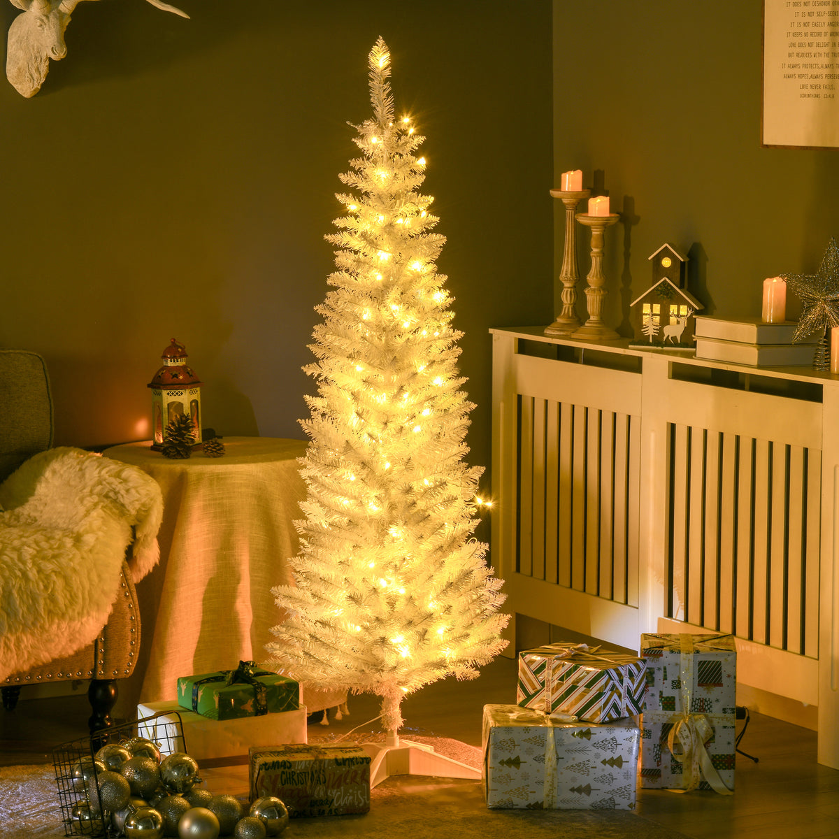 5 ft Pre-Lit Slim Pencil Artificial Christmas Tree with 294 Tips, 110 Warm White LED Lights, White