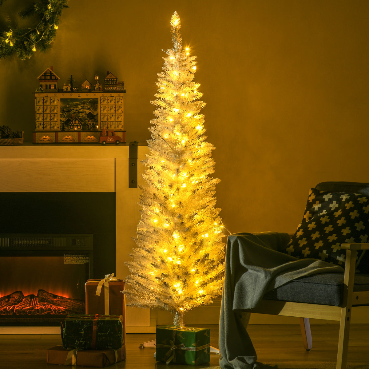 5 ft Pre-Lit Slim Pencil Artificial Christmas Tree with 294 Tips, 110 Warm White LED Lights, White