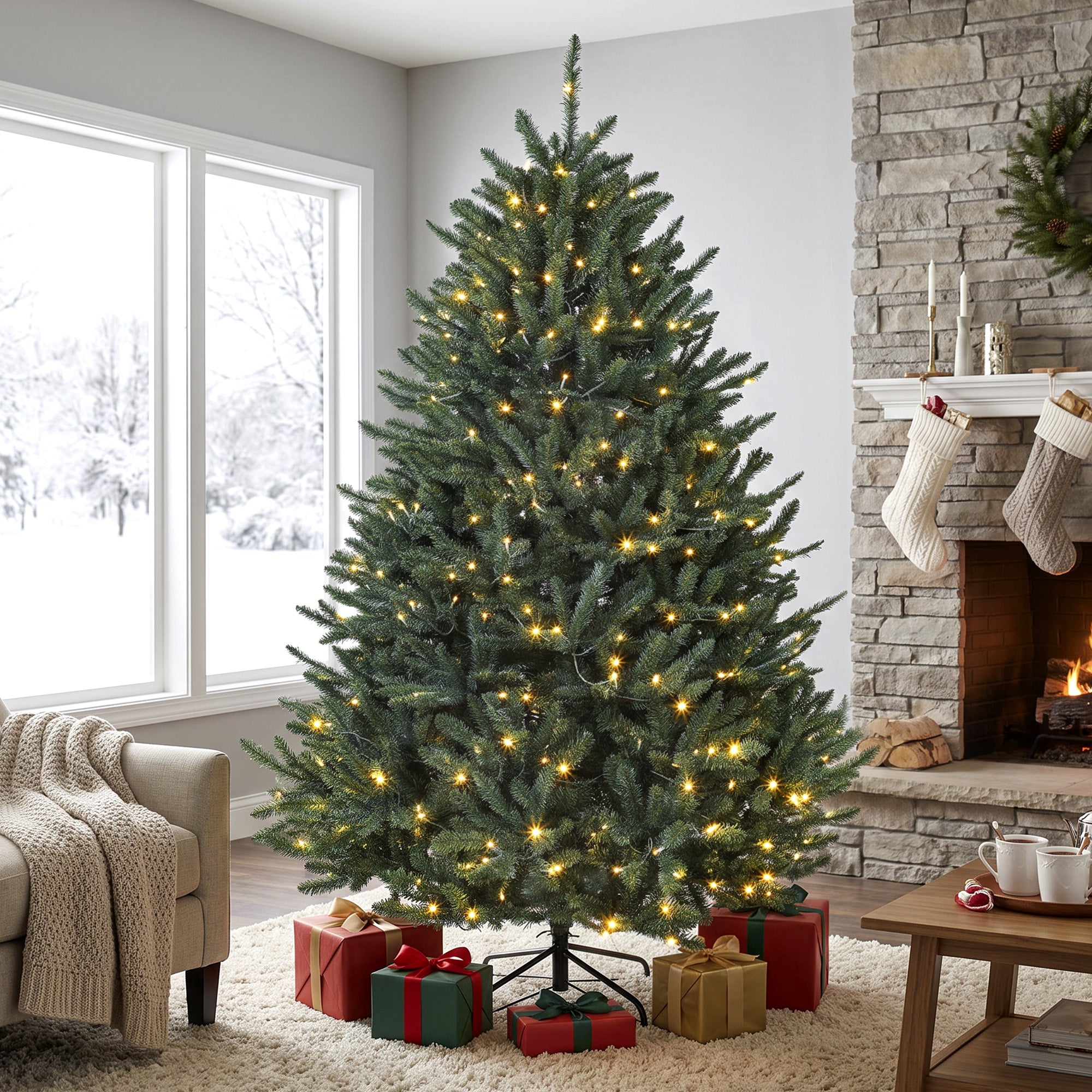 6ft Prelit Christmas Tree, Wide Colorado Blue Spruce, Easy Plug, Artificial Hinged Xmas Tree with 480 Warm White & Multi-Color LED Lights, 1492 Tips, Foldable Metal Stand for Holiday, Green