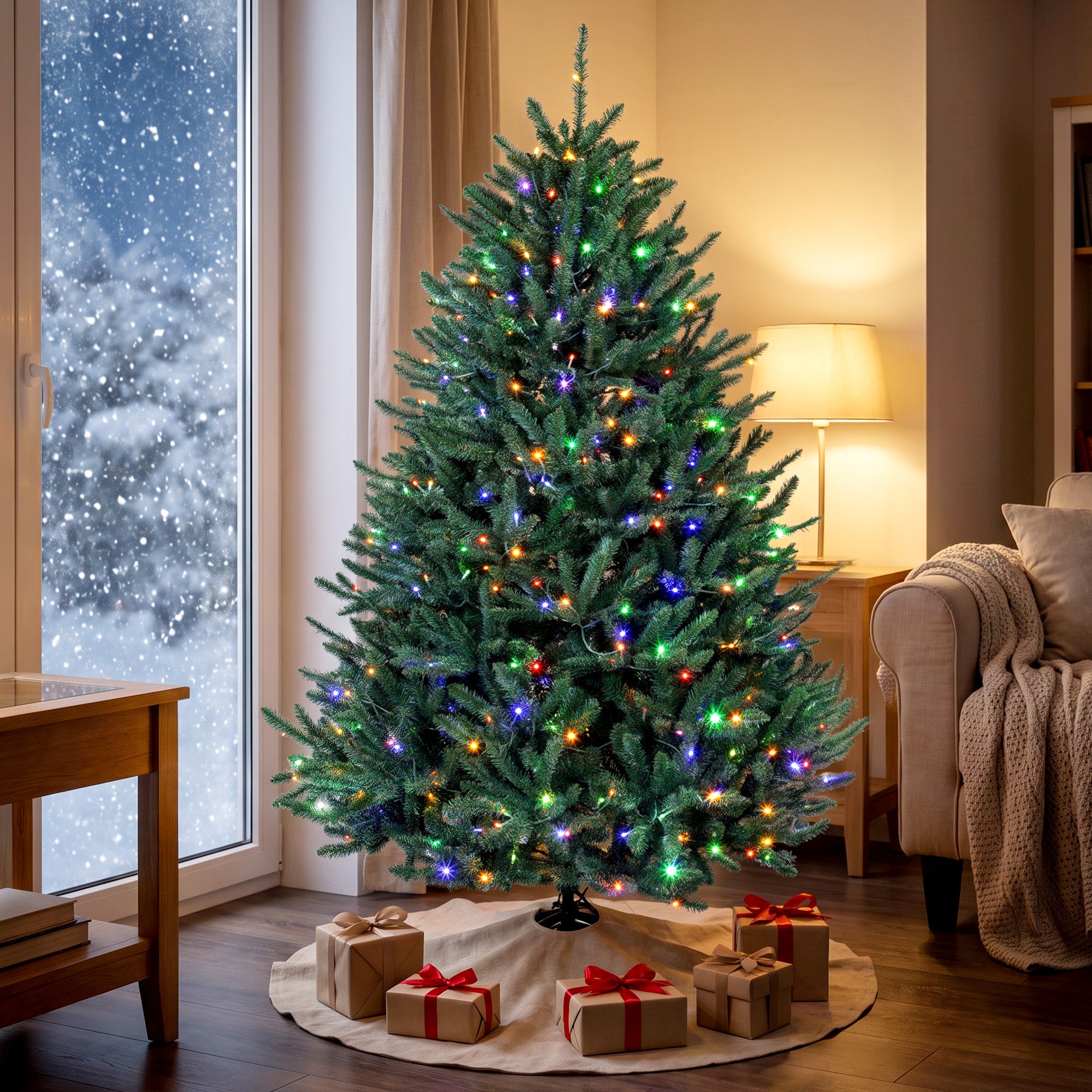 6ft Prelit Christmas Tree, Wide Colorado Blue Spruce, Easy Plug, Artificial Hinged Xmas Tree with 480 Warm White & Multi-Color LED Lights, 1492 Tips, Foldable Metal Stand for Holiday, Green