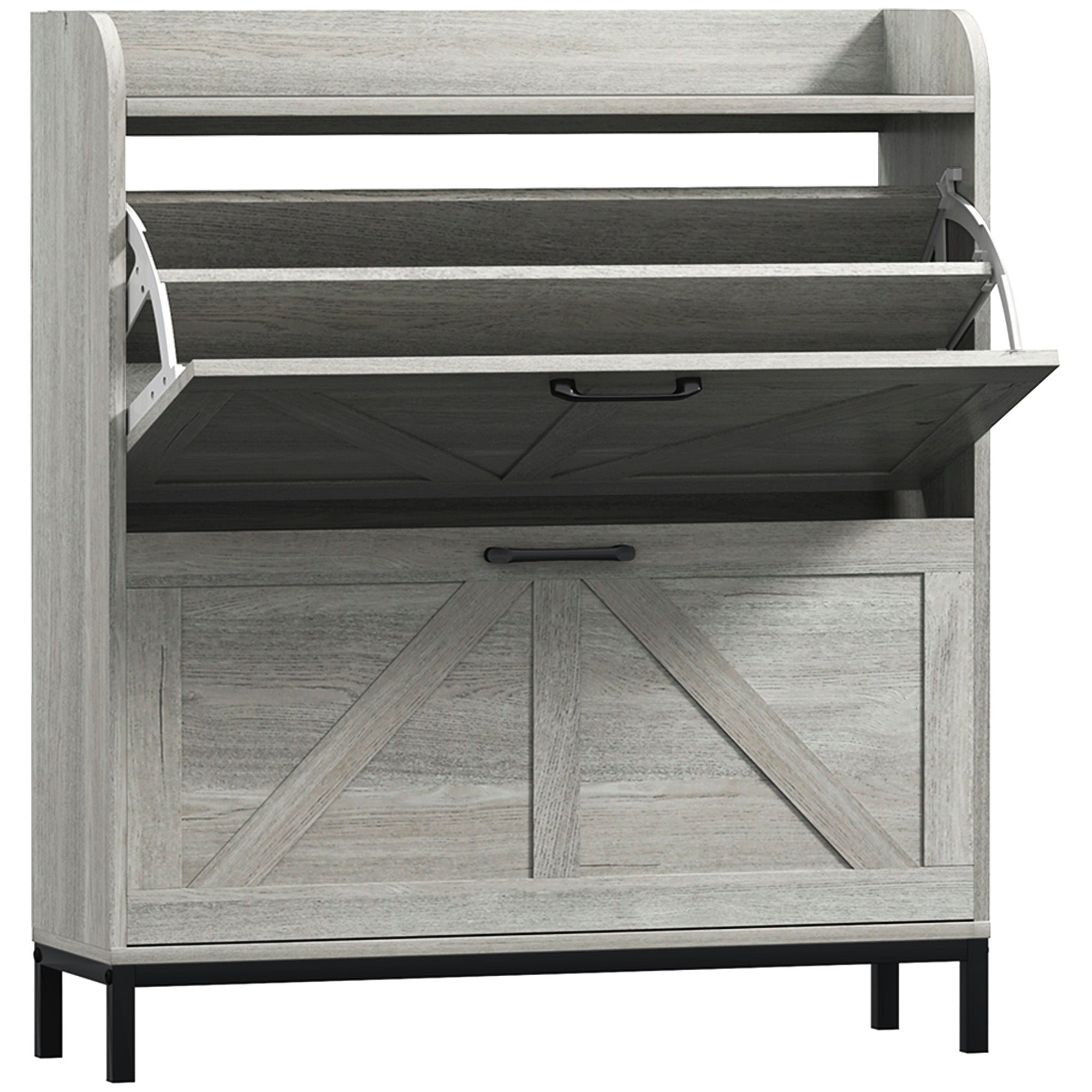 HOMCOM Shoe Storage Cabinet with 2 Flip Drawers, Legs, Farmhouse Freestanding Narrow Shoe Cabinet, Slim Hidden Rack Organizer for Entryway, Hallway, Light Gray Wood Grain