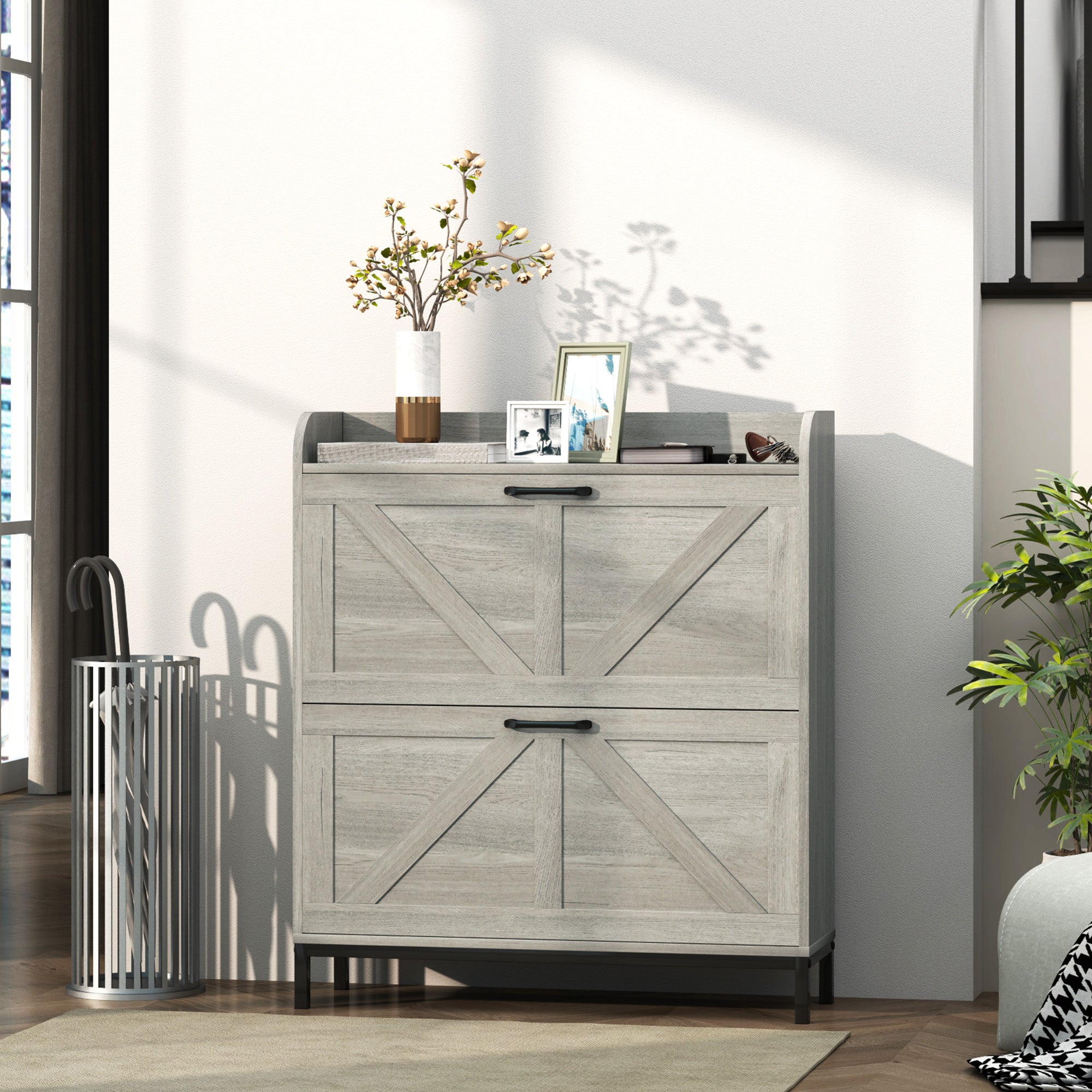 HOMCOM Shoe Storage Cabinet with 2 Flip Drawers, Legs, Farmhouse Freestanding Narrow Shoe Cabinet, Slim Hidden Rack Organizer for Entryway, Hallway, Light Gray Wood Grain