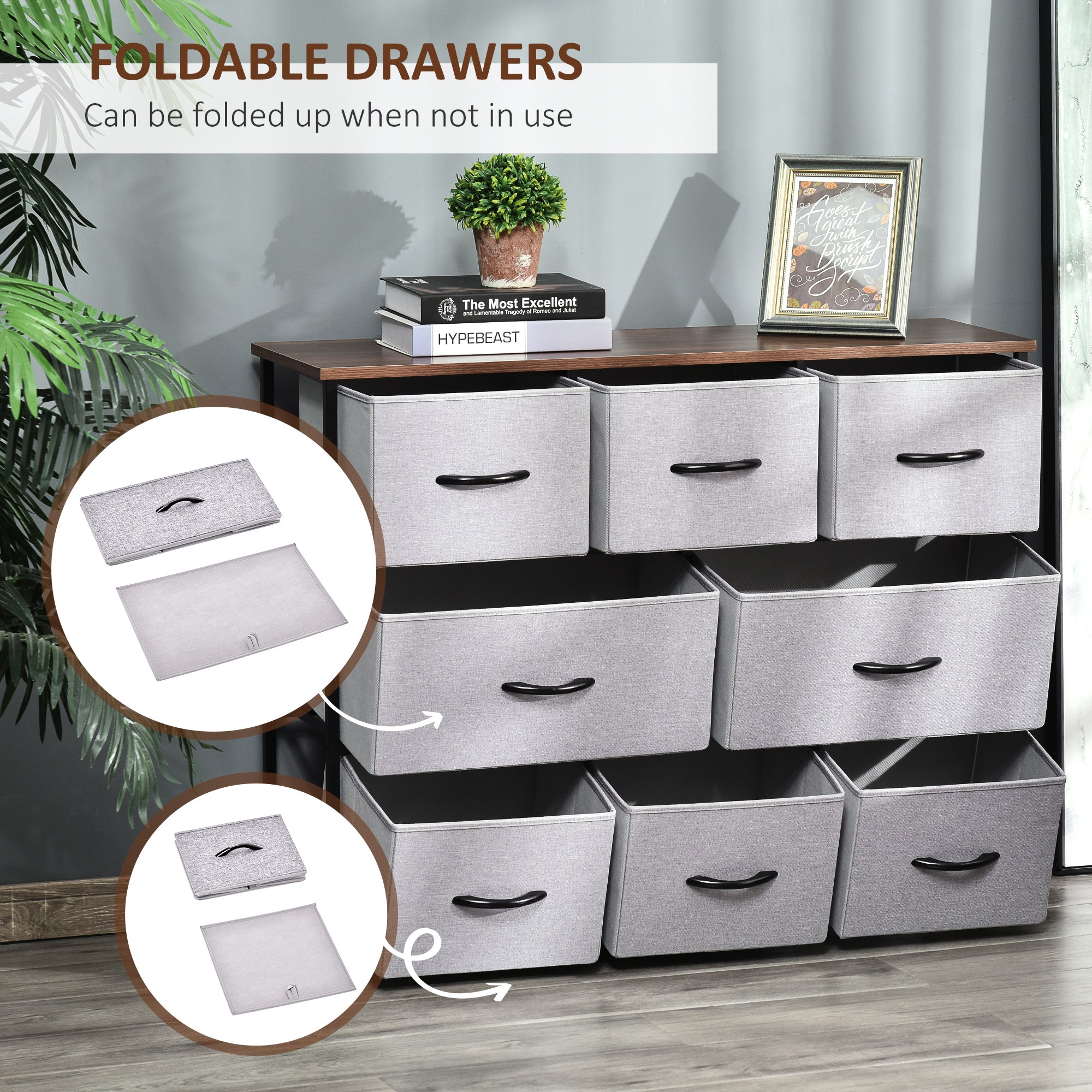 Dresser for Bedroom with 8 Drawers, 3-Tier Fabric Chest of Drawers, Tall Dresser Storage Tower with Steel Frame and Wooden Top for Closets, Nursery Room, Grey
