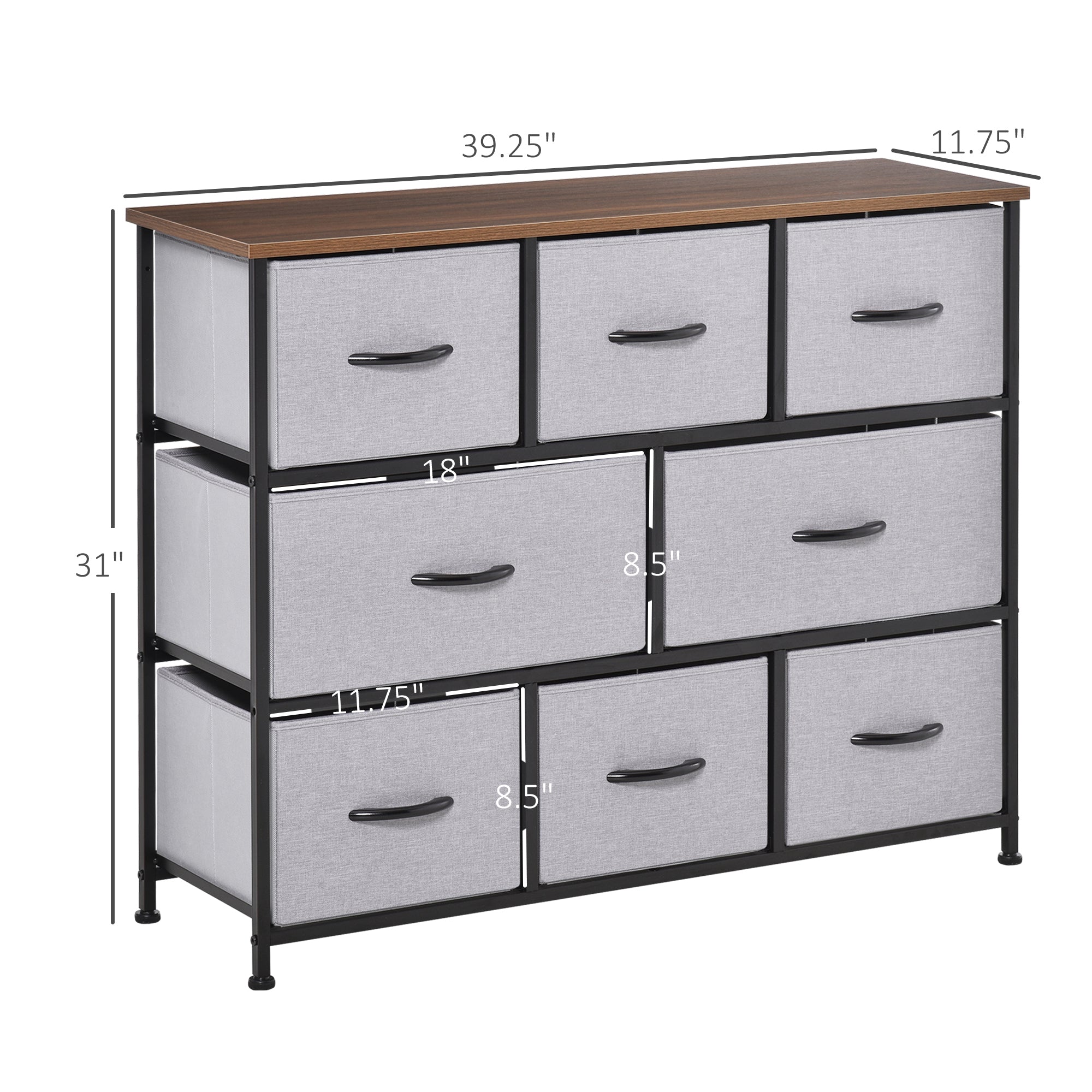 Dresser for Bedroom with 8 Drawers, 3-Tier Fabric Chest of Drawers, Tall Dresser Storage Tower with Steel Frame and Wooden Top for Closets, Nursery Room, Grey