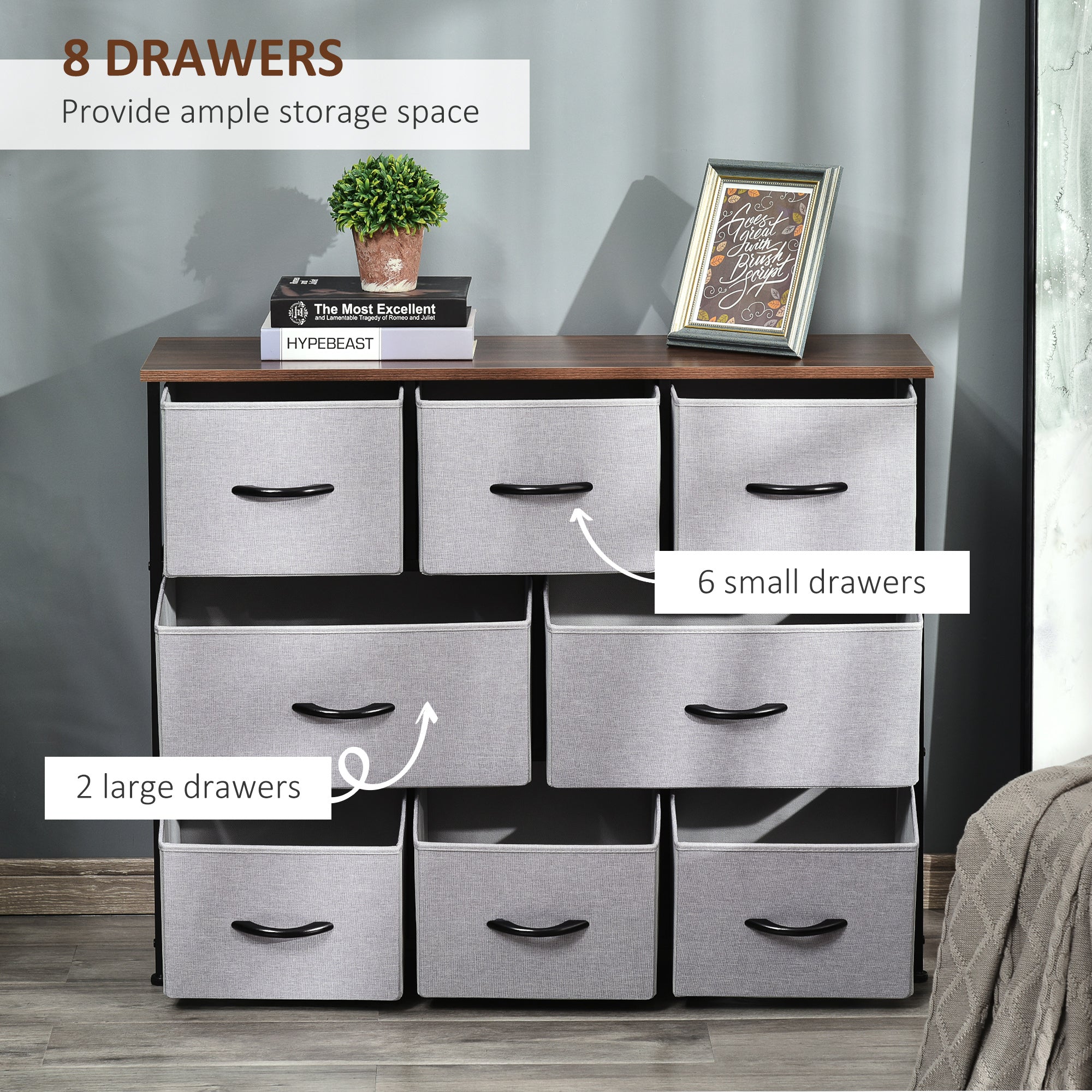 Dresser for Bedroom with 8 Drawers, 3-Tier Fabric Chest of Drawers, Tall Dresser Storage Tower with Steel Frame and Wooden Top for Closets, Nursery Room, Grey