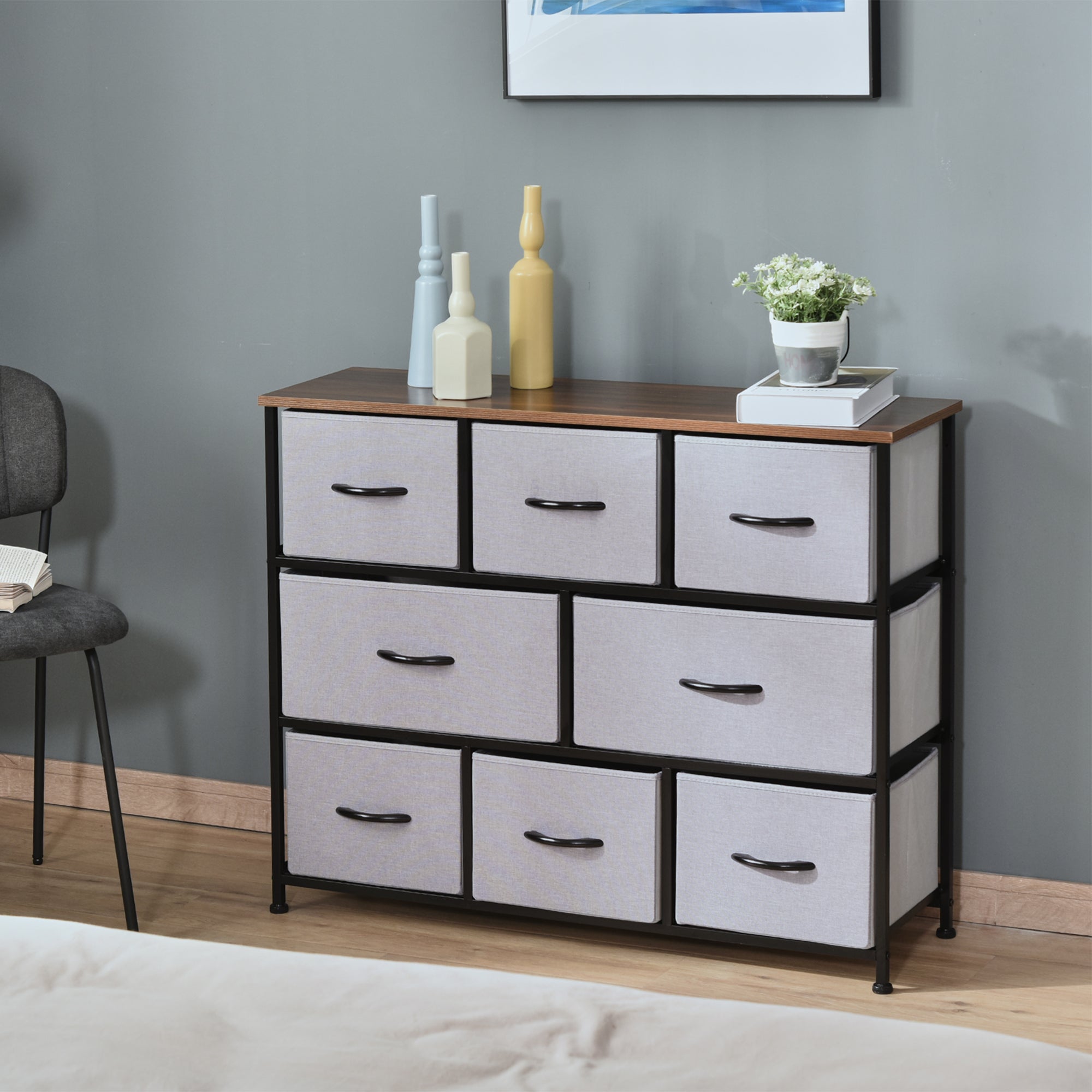 Dresser for Bedroom with 8 Drawers, 3-Tier Fabric Chest of Drawers, Tall Dresser Storage Tower with Steel Frame and Wooden Top for Closets, Nursery Room, Grey