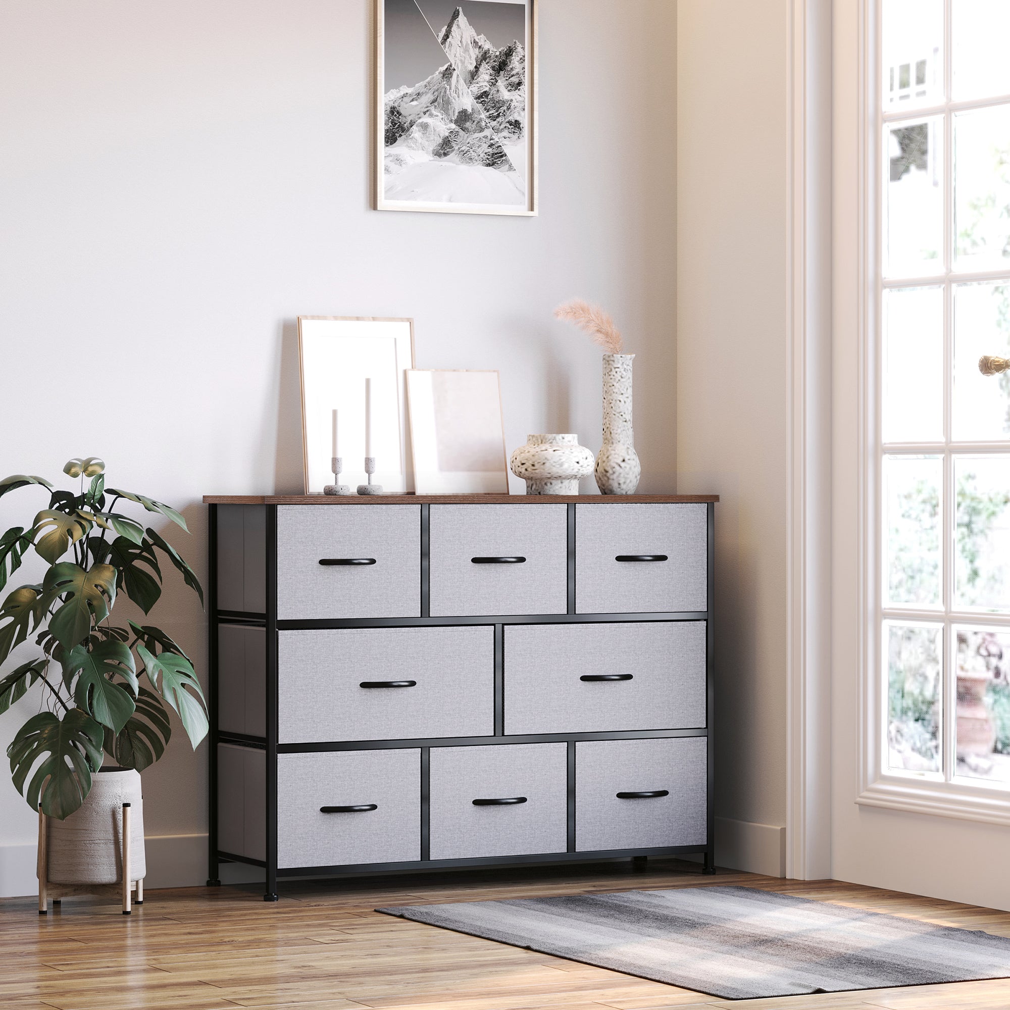 Dresser for Bedroom with 8 Drawers, 3-Tier Fabric Chest of Drawers, Tall Dresser Storage Tower with Steel Frame and Wooden Top for Closets, Nursery Room, Grey