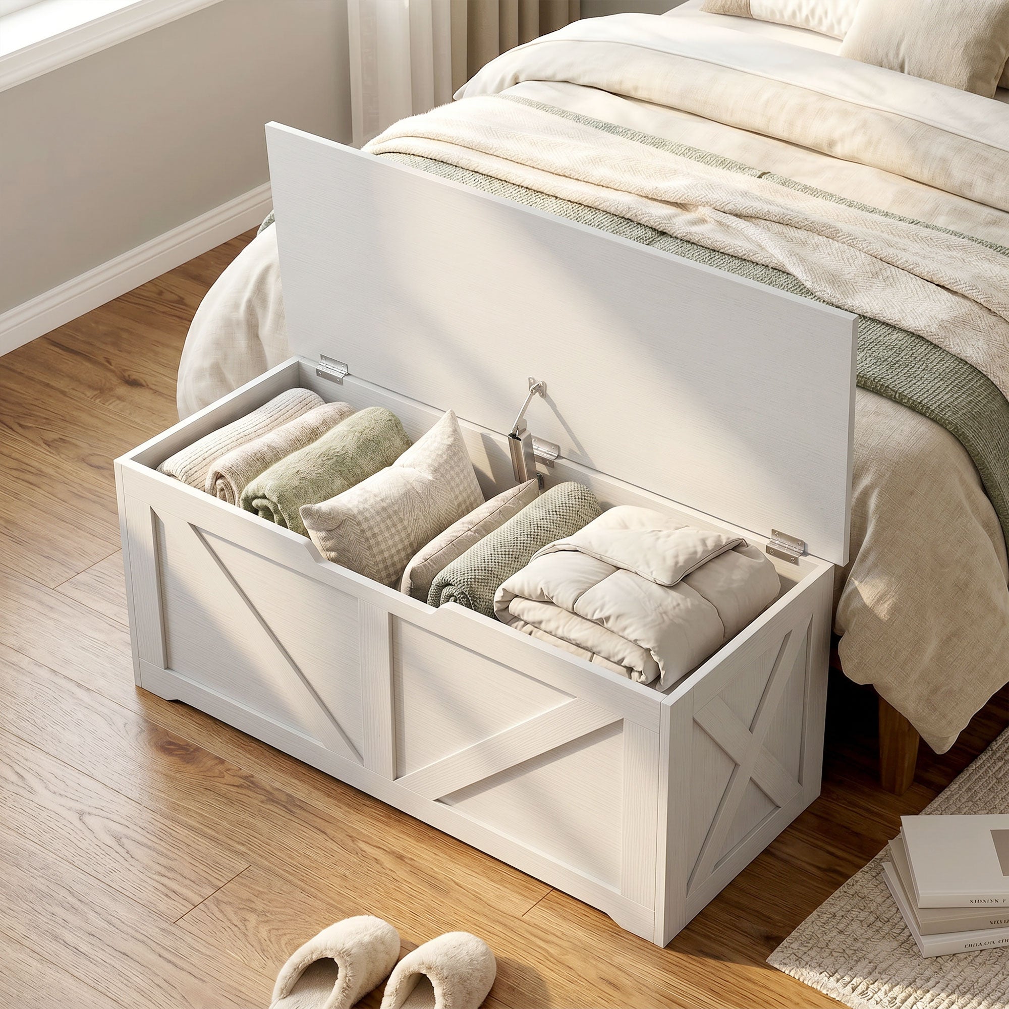 100L Storage Chest, Shoe Storage Trunk Bench Box with Safety Hinge and U-shaped Cut-out Pull, Blanket Box Ottoman for Bedroom, Living Room, Entryway, 80 x 40 x 45 cm, White Wood-Effect