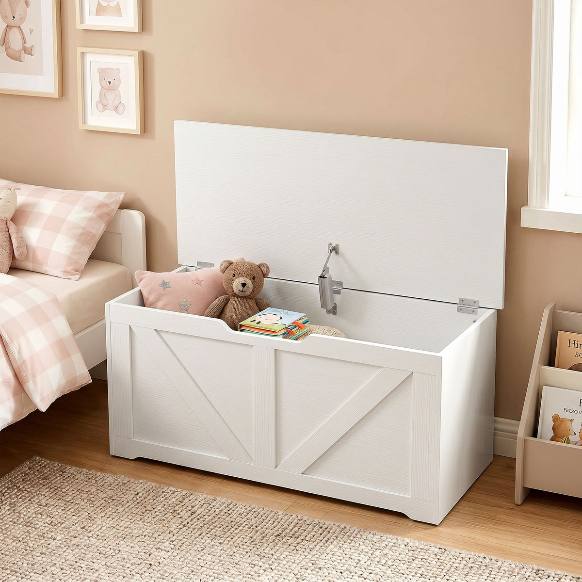 Storage Chest, Storage Bench with Safety Hinge and U-shaped Cut-out Pull for Living Room, Entryway, 31.5" x 15.7" x 17.7", Supports 300 lbs, White Wood Grain