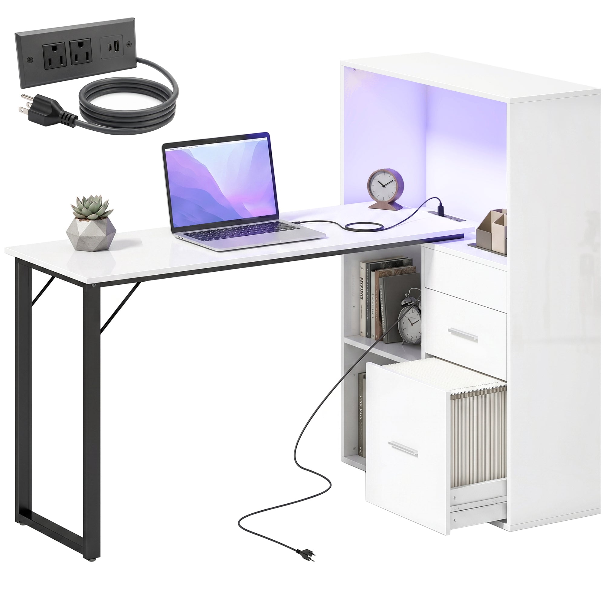 54" Computer Desk with Drawers, Home Office Desk with Power Outlets and LED Lights, Writing Table with File Drawer and Open Shelves for Bedroom, White