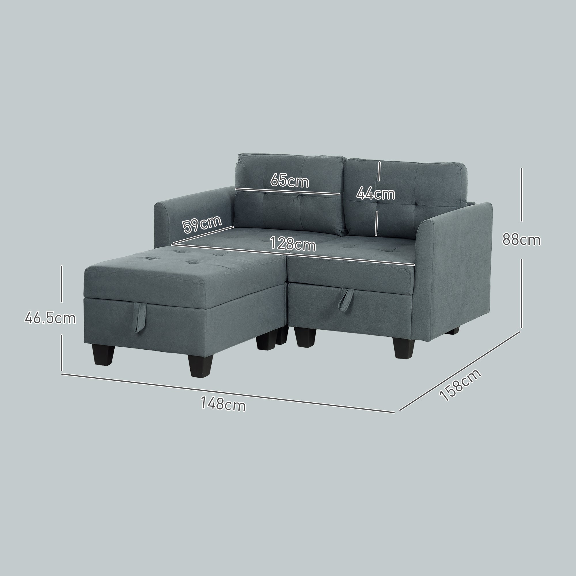 HOMCOM Convertible Modular Sectional Sofa with Storage, Tufted 2 Seater Sofa Set, L Shaped Sofa Couch with Ottoman, Wood Frame for Living Room, Dark Grey