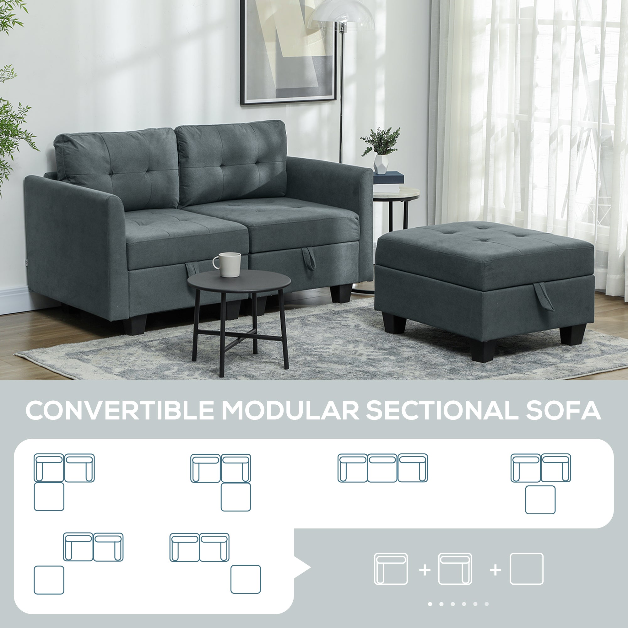 HOMCOM Convertible Modular Sectional Sofa with Storage, Tufted 2 Seater Sofa Set, L Shaped Sofa Couch with Ottoman, Wood Frame for Living Room, Dark Grey