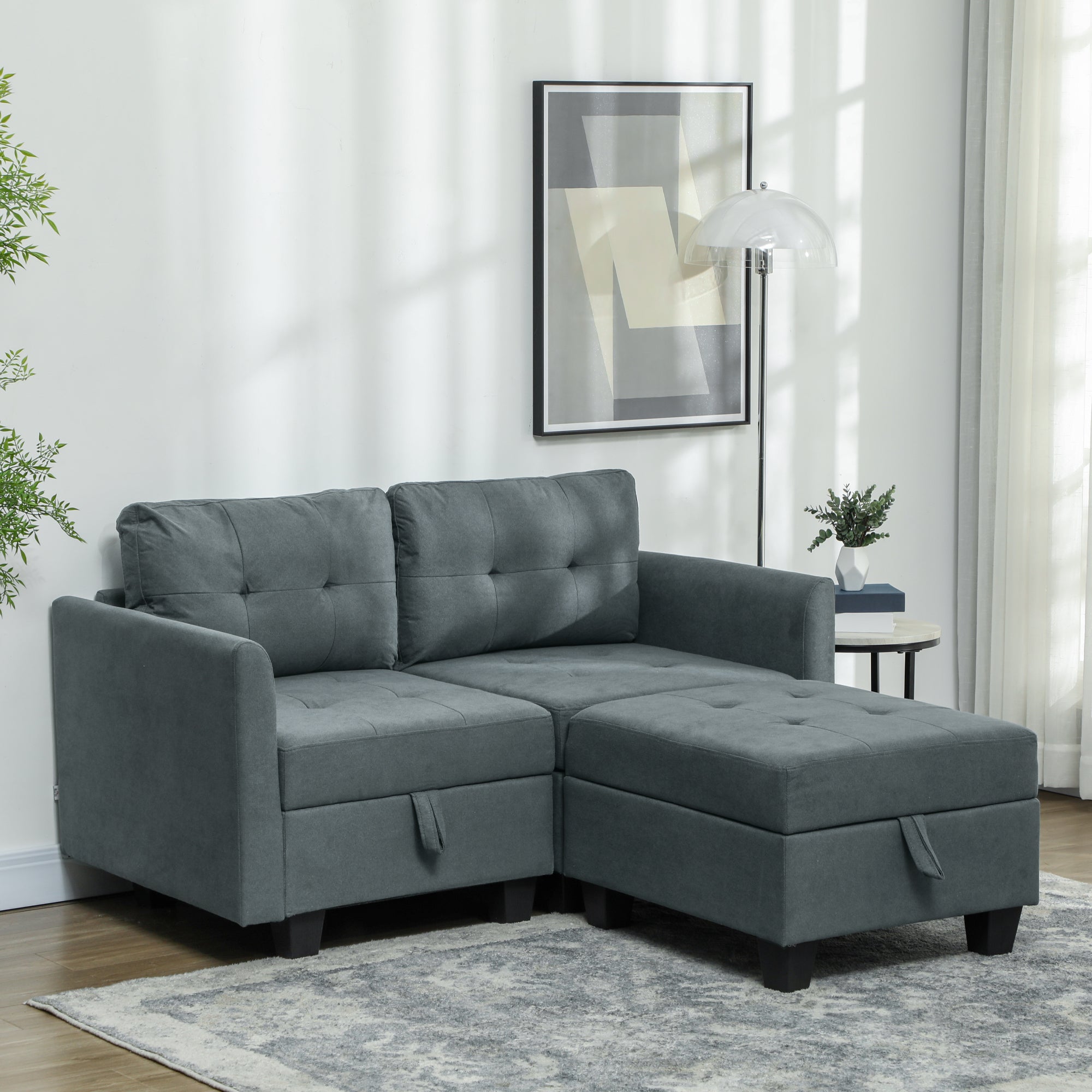 HOMCOM Convertible Modular Sectional Sofa with Storage, Tufted 2 Seater Sofa Set, L Shaped Sofa Couch with Ottoman, Wood Frame for Living Room, Dark Grey