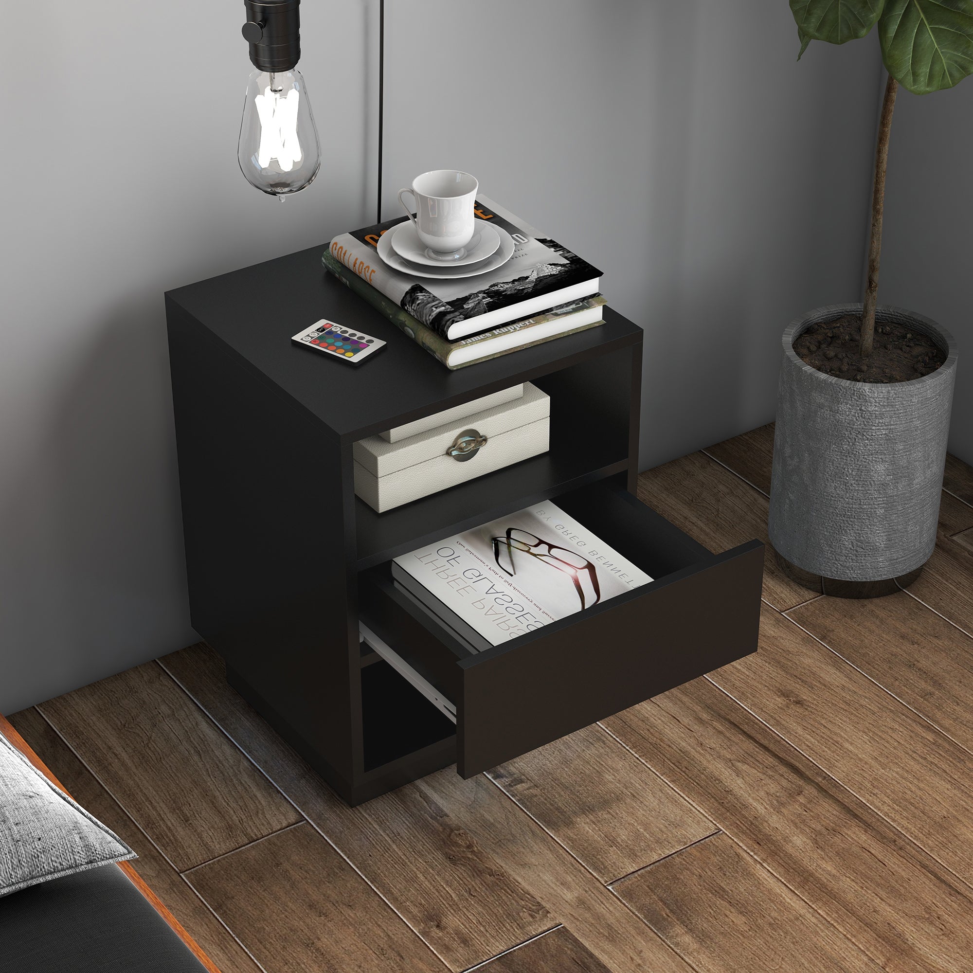 HOMCOM Bedside Table with LED Light, LED Nightstand with Drawer, 2 Shelves and Remote, Modern Side Table for Bedroom, Black