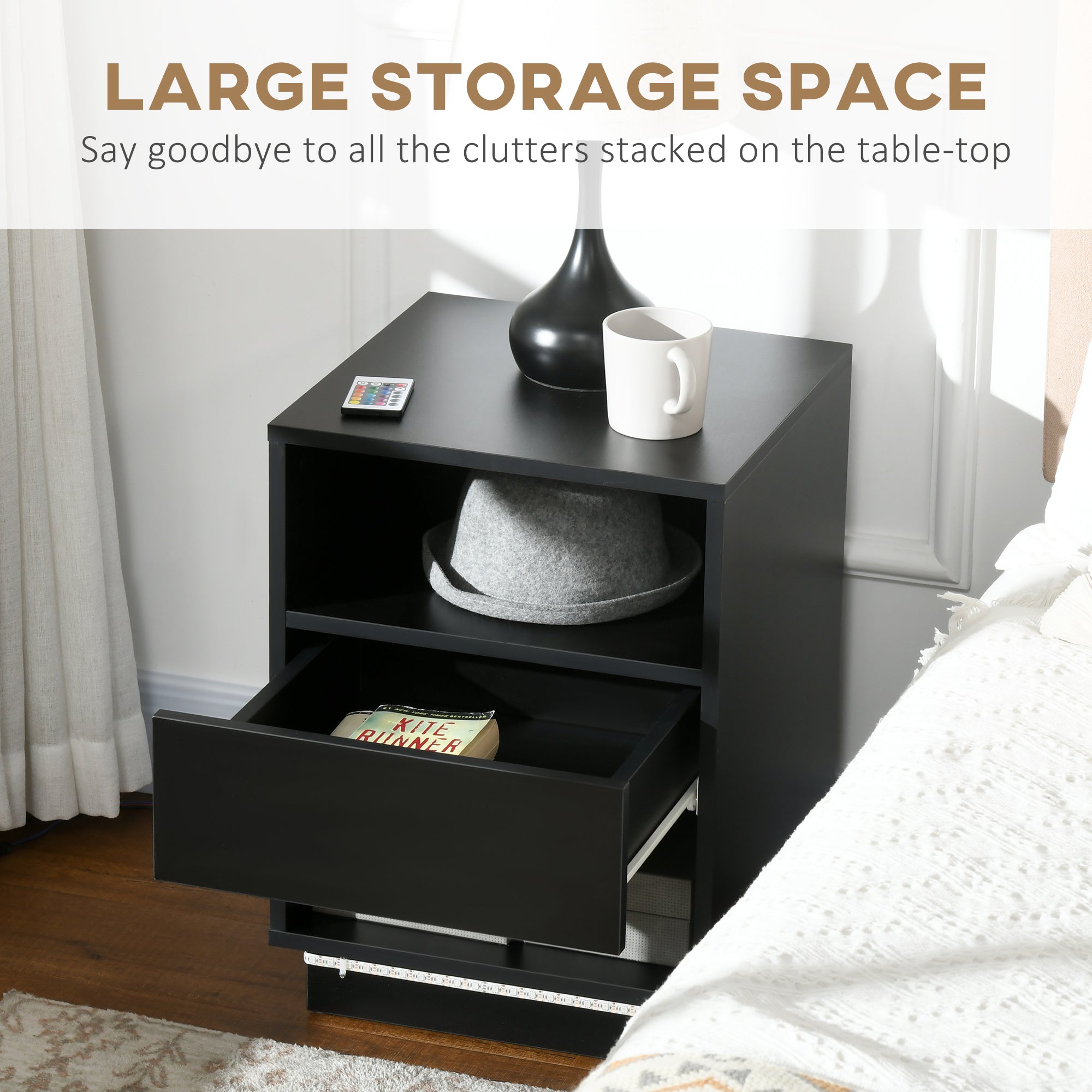 HOMCOM Bedside Table with LED Light, LED Nightstand with Drawer, 2 Shelves and Remote, Modern Side Table for Bedroom, Black