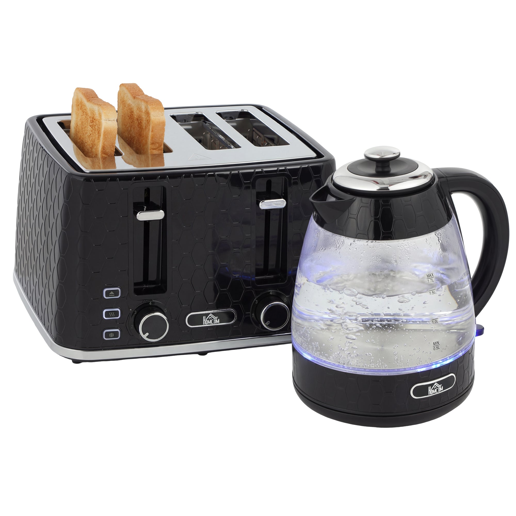 Kettle and Toaster Set, 1.7L 3000W Rapid Boil Jug Kettle with Strix Thermostat, Limescale Filter, 4 Slice Toaster with 7 Browning Controls, Crumb Tray, Black