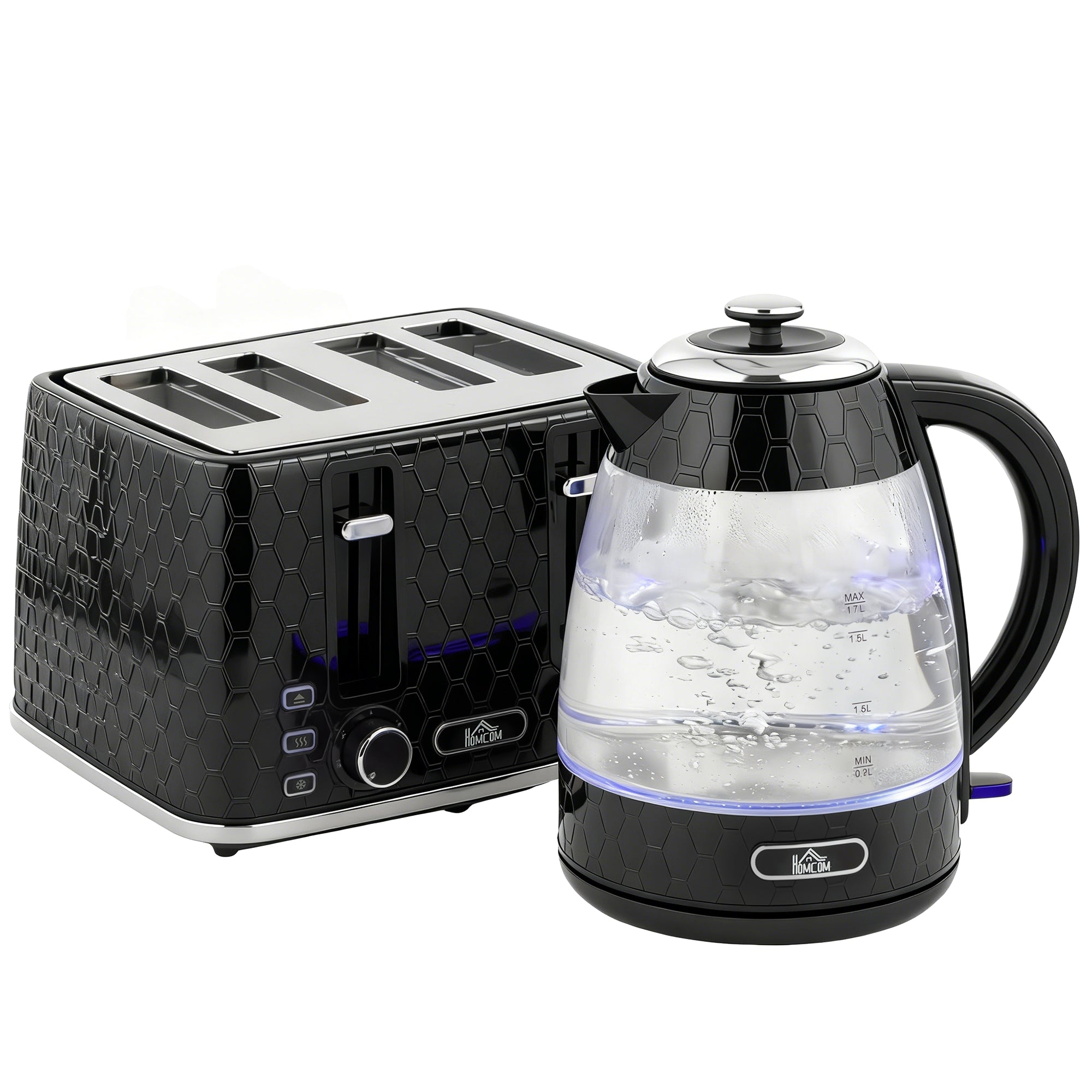 Kettle and Toaster Set, 1.7L 3000W Rapid Boil Jug Kettle with Strix Thermostat, Limescale Filter, 4 Slice Toaster with 7 Browning Controls, Crumb Tray, Black