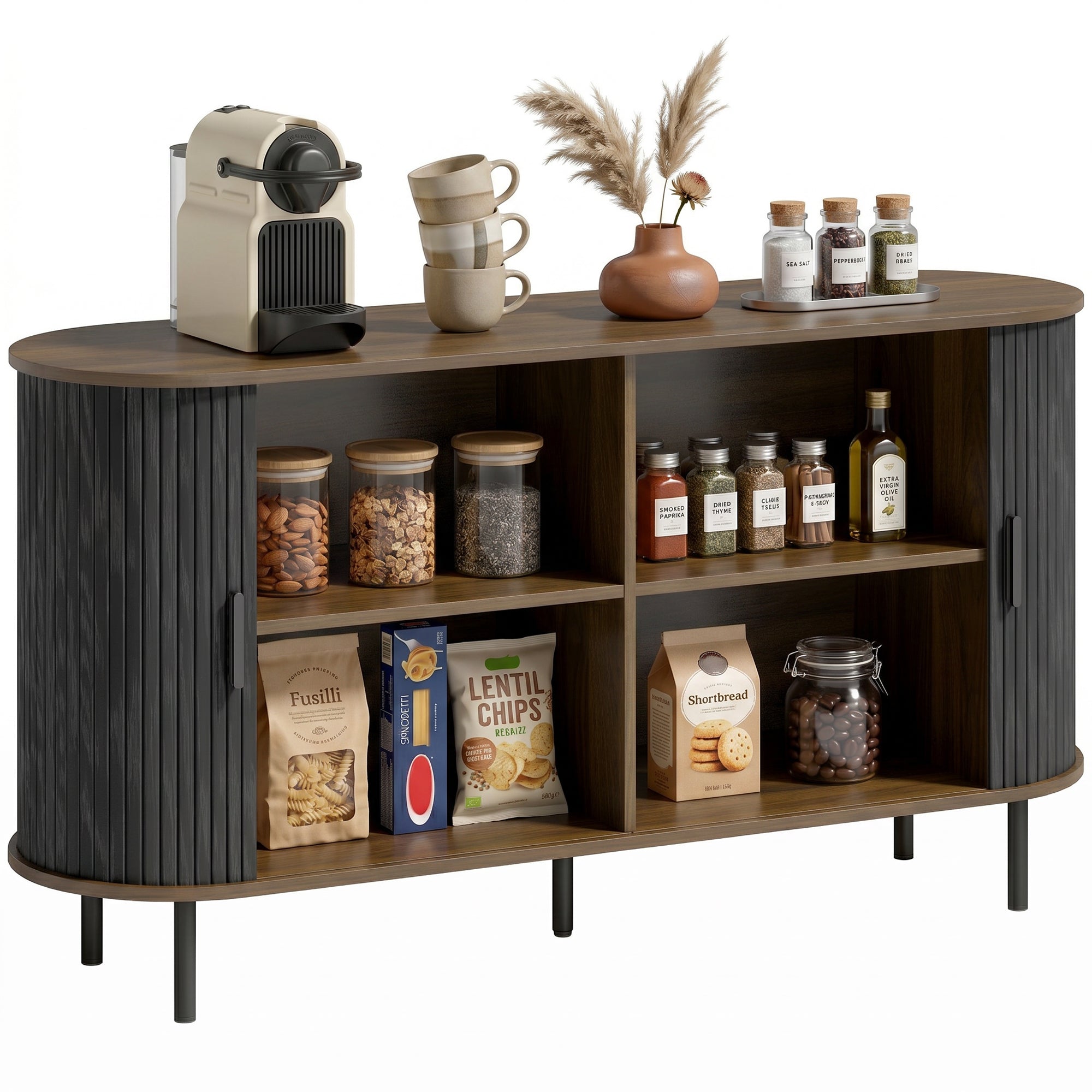 Fluted Sideboard Buffet Cabinet, 55" Mid Century Coffee Bar Cabinet with Sliding Doors, Kitchen Credenza with Adjustable Shelves, Black Wood Grain