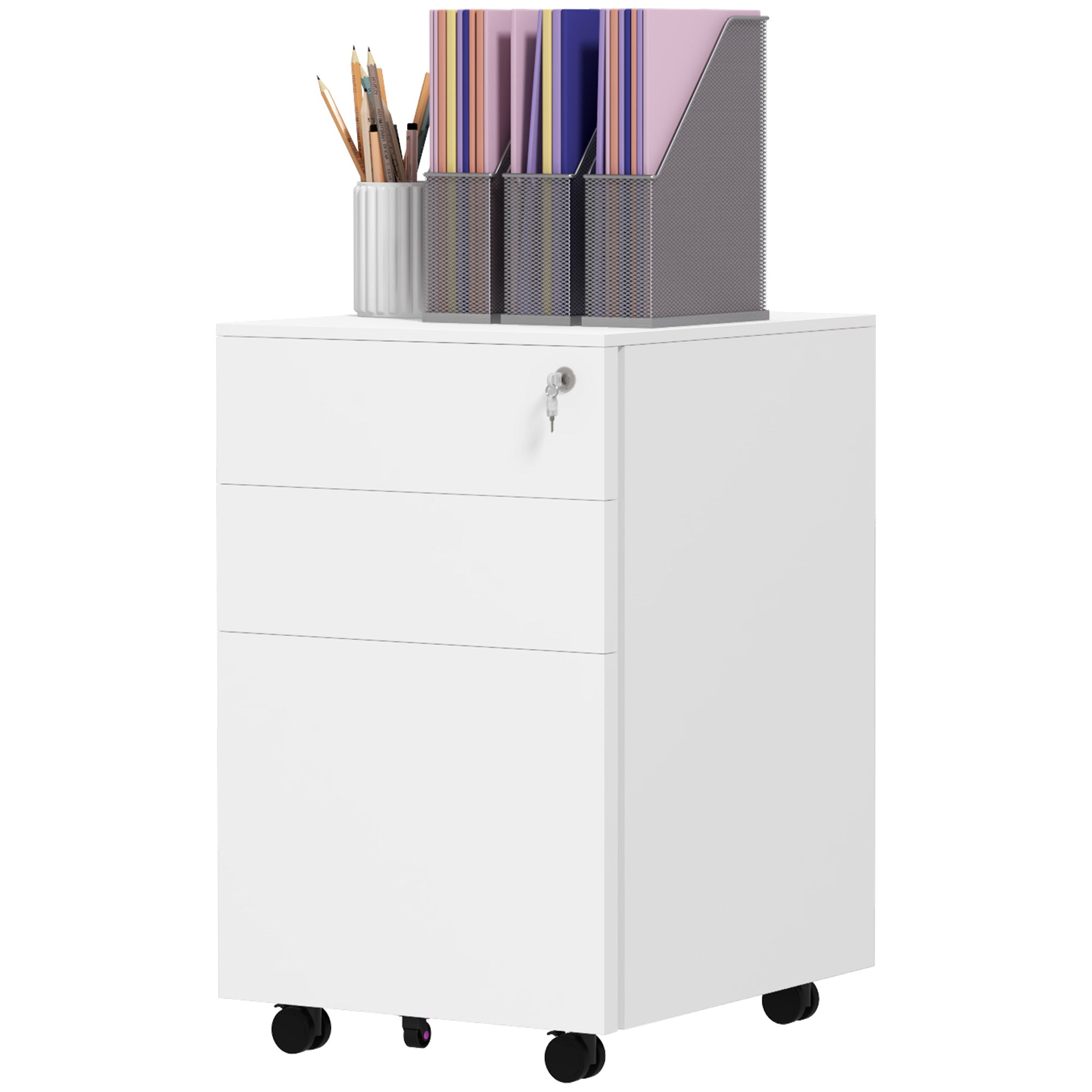 Vinsetto 3-Drawer Vertical Filing Cabinet with Pencil Tray, Lock and 5 Wheels, Steel Mobile File Cabinet, for A4, Legal and Letter Size, Pre-Assembled Body, White