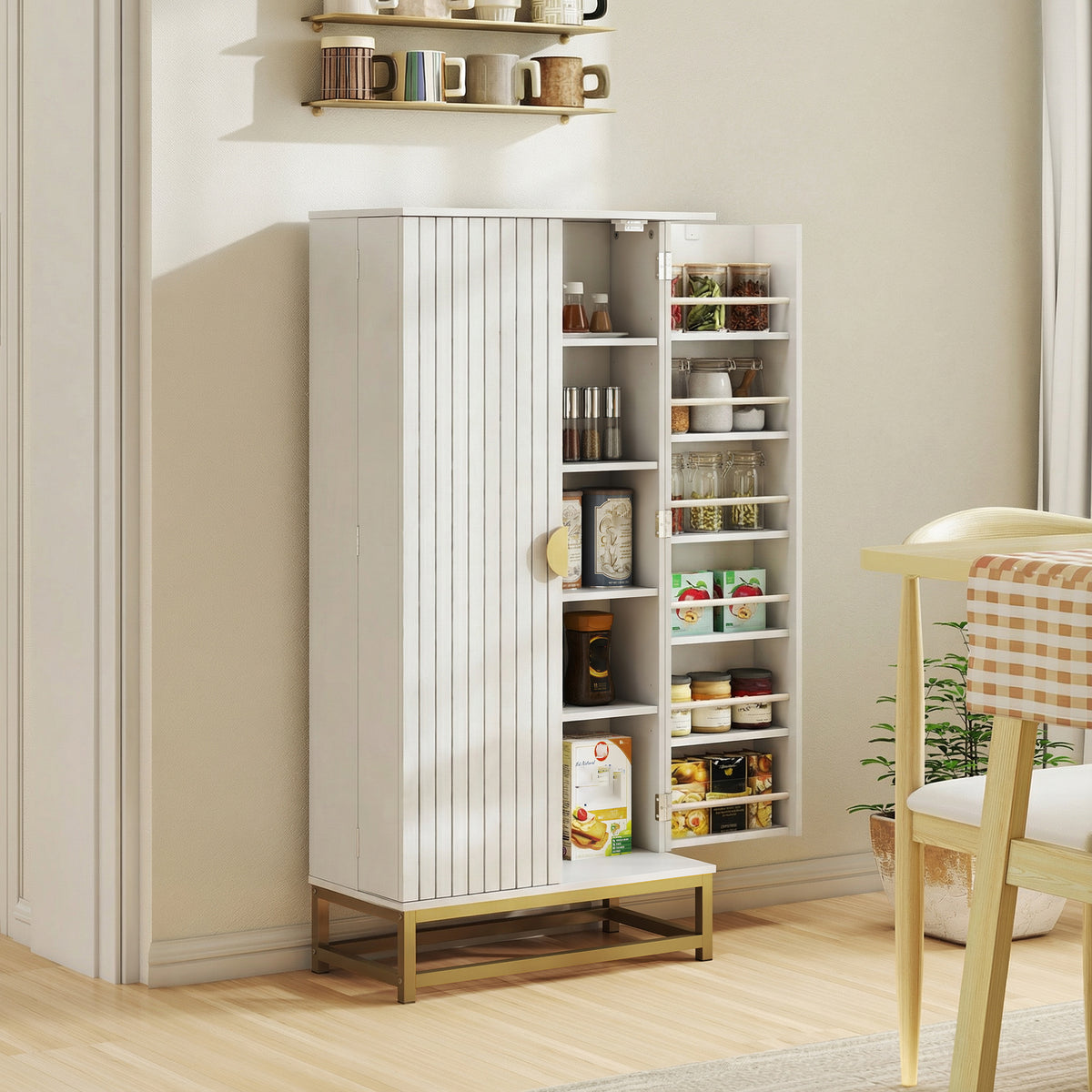 47" Kitchen Pantry Cabinet, Modern Freestanding Buffet Storage Cabinet with 12 Door Shelves, Adjustable Shelves and Beadboard Doors, White