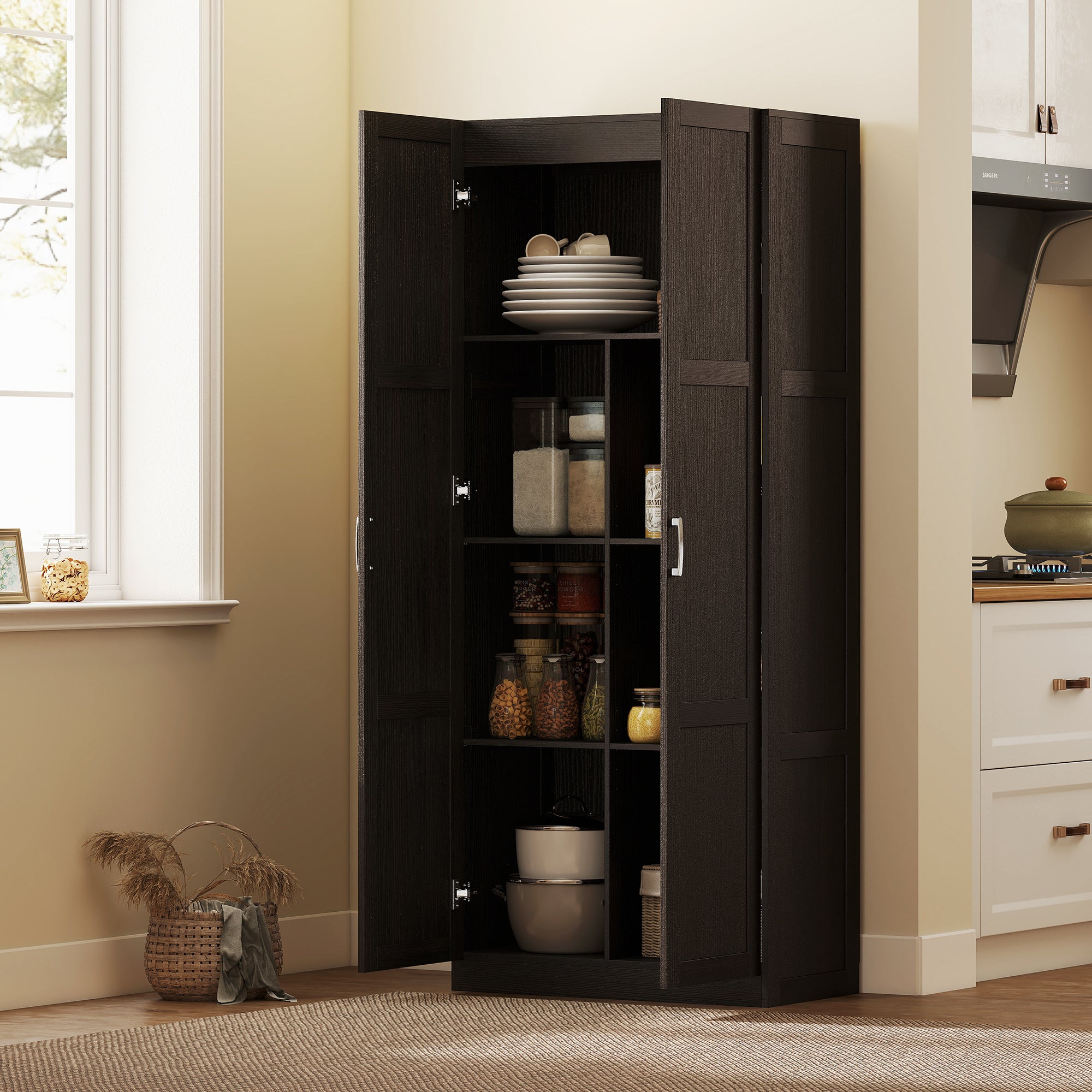 71" Tall Kitchen Pantry Cabinet with Soft-Close Hinges, Modern Farmhouse Freestanding Pantry Storage Cabinet with 2 Framed Doors, 4 Adjustable Shelves, Dark Brown