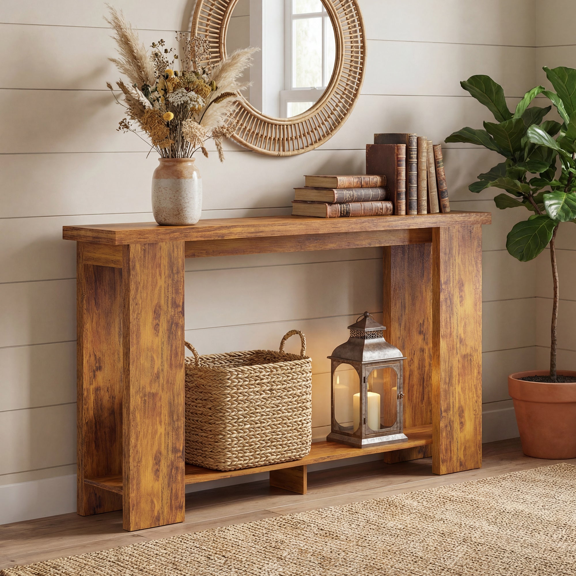 Farmhouse Console Table, 63" Narrow Entryway Table with Storage Shelf and Thickened Tabletop for Living Room, Hallway, Entrance, Distressed Brown