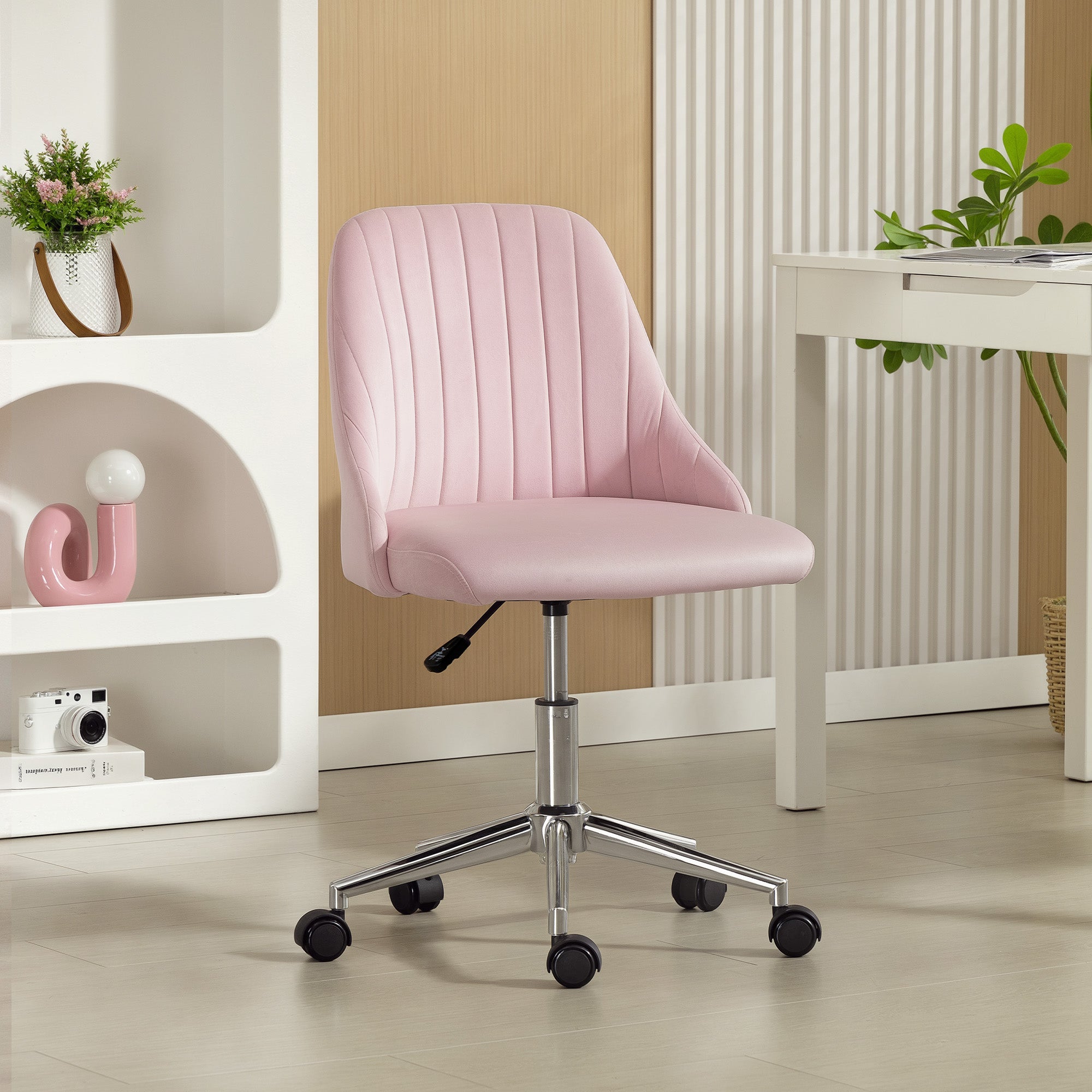 Vanity Chair for Makeup, Velvet Comfy Office Chair with Adjustable Height, Swivel Wheels for Bedroom, Living Room, Pink