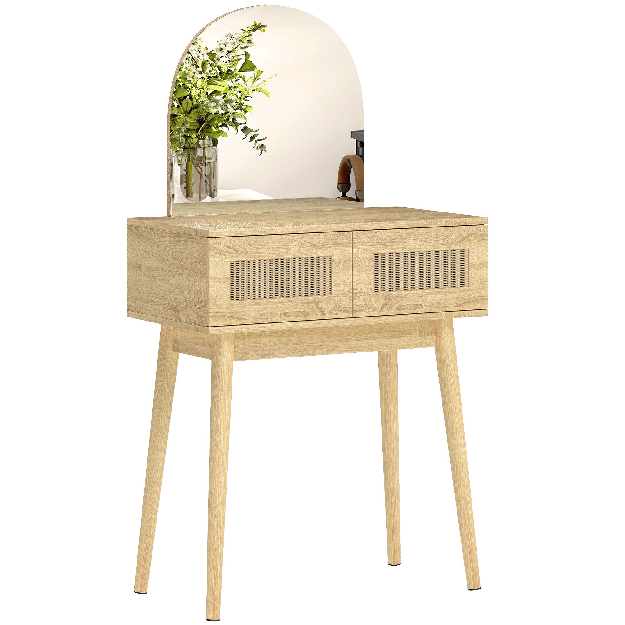Vanity Desk with Arched Mirror, Modern Compact Makeup Vanity with 2 Drawers, Dressing Table for Bedroom, Natural Wood