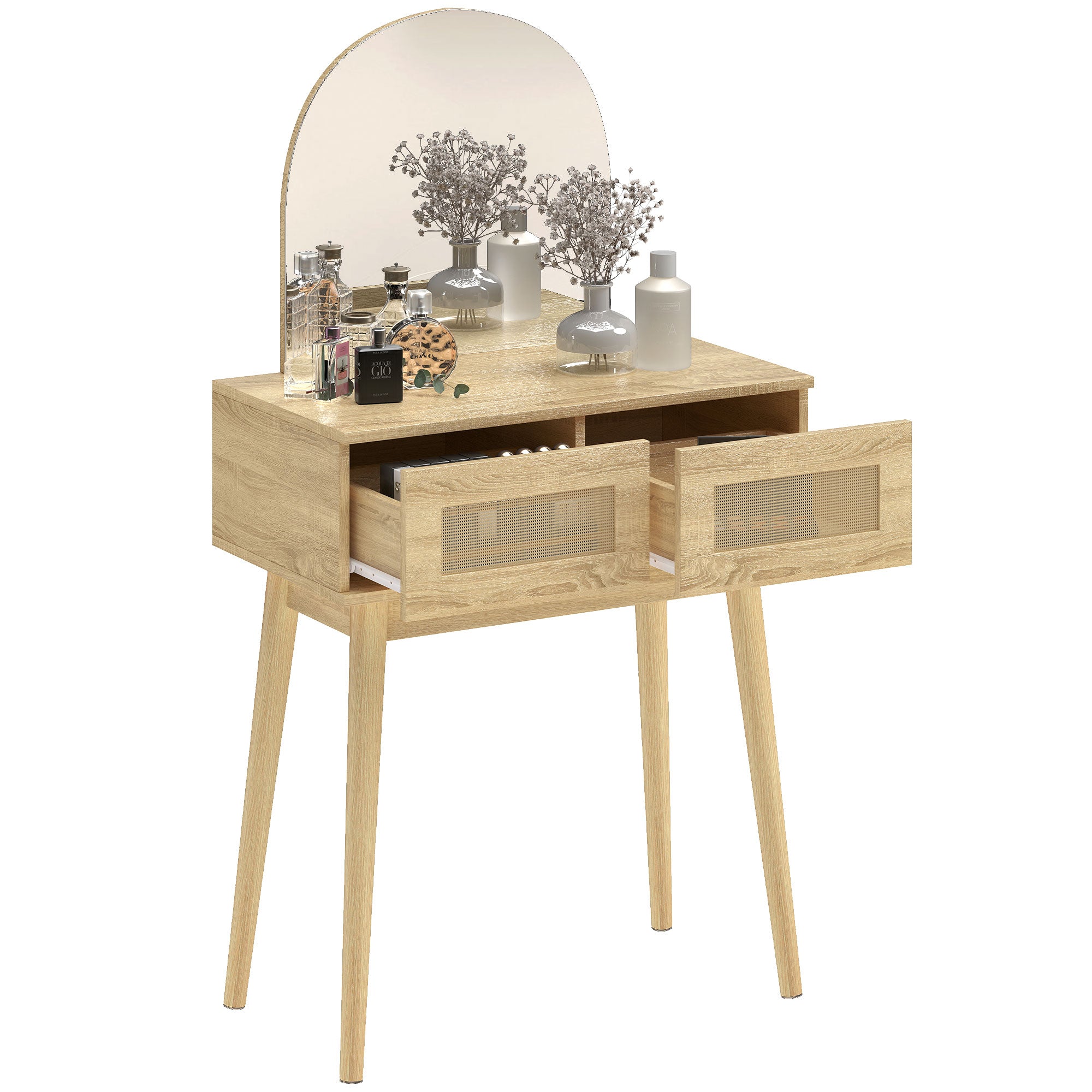 Vanity Desk with Arched Mirror, Modern Compact Makeup Vanity with 2 Drawers, Dressing Table for Bedroom, Natural Wood