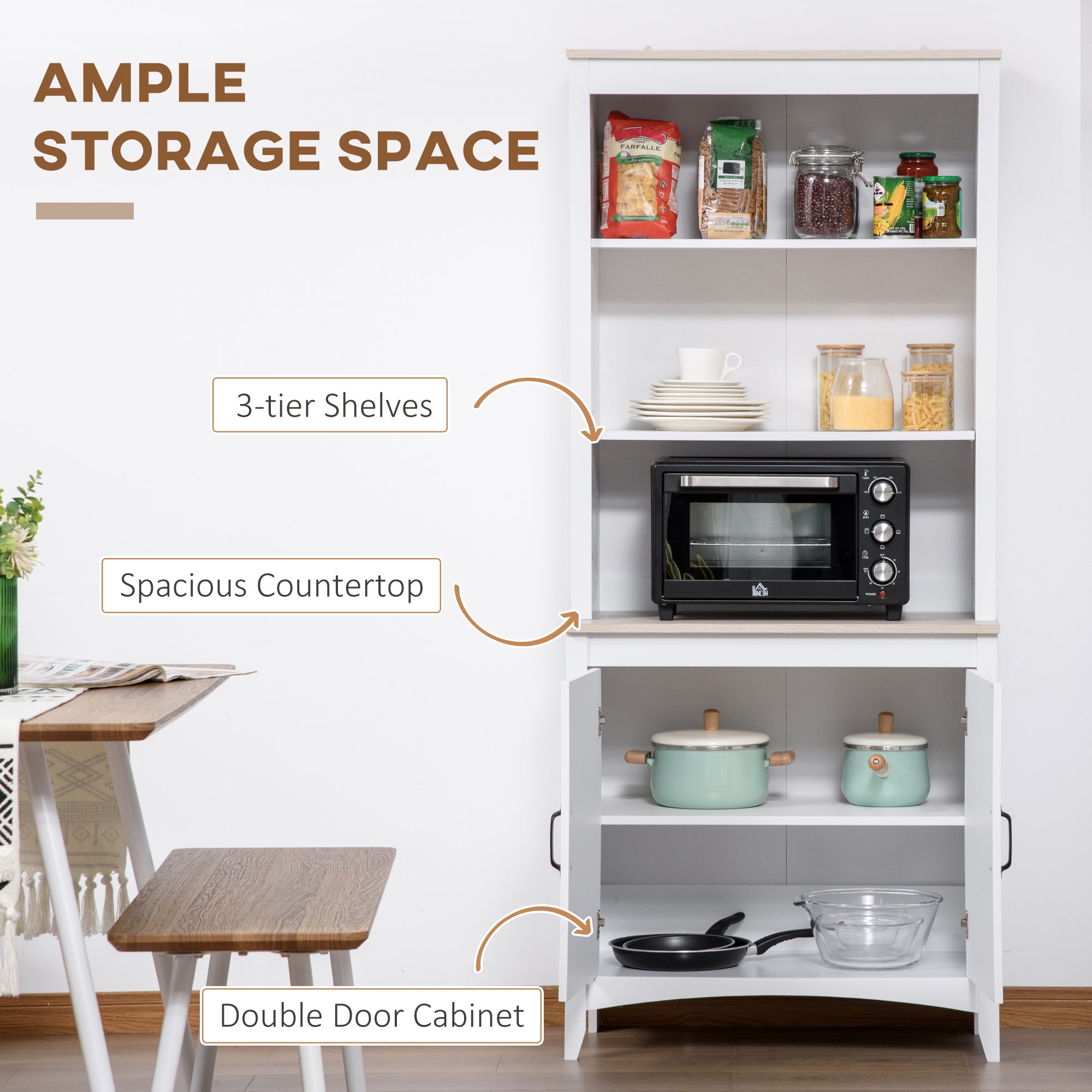 70" Freestanding Storage Pantry Cabinet with 3-Tier Shelving & Open Countertop, White