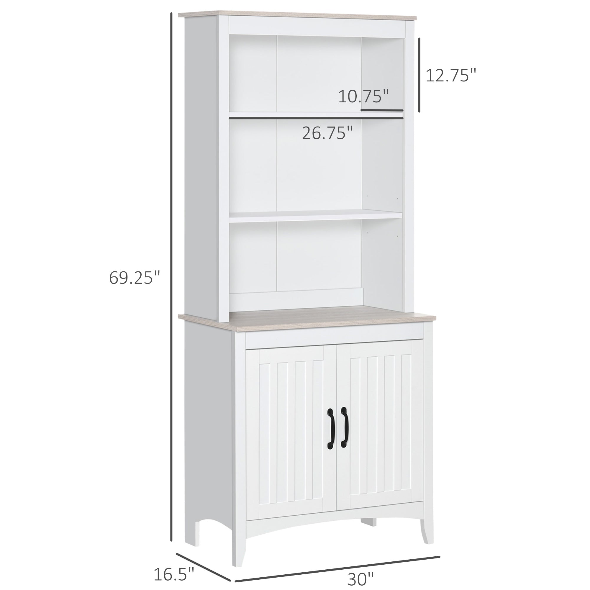 70" Freestanding Storage Pantry Cabinet with 3-Tier Shelving & Open Countertop, White