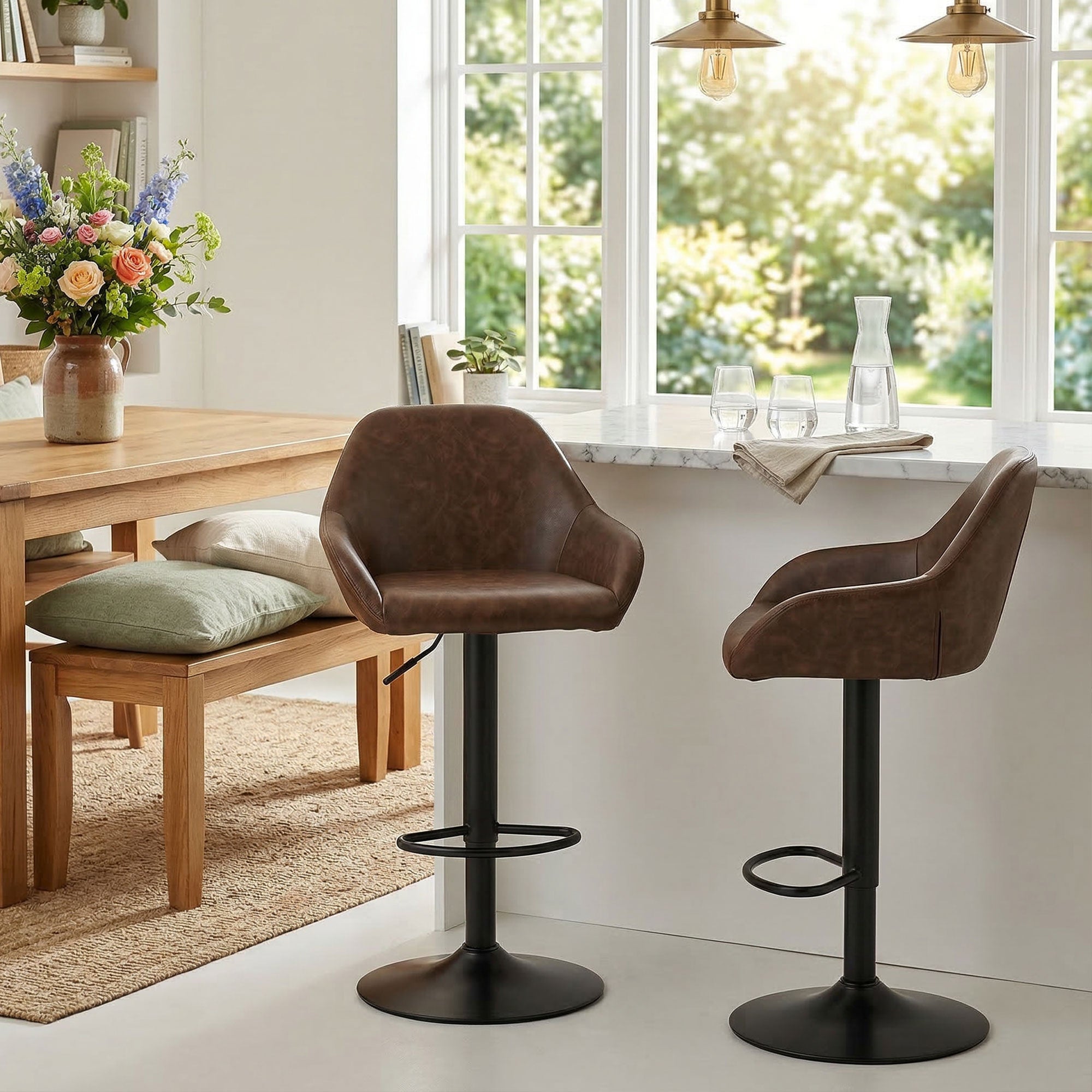 Adjustable Bar Stools Set of 2, Swivel Dining Chairs with Footrest and Back, Modern PU Leather and Steel Round Base, for Kitchen Counter and Dining Room, Coffee