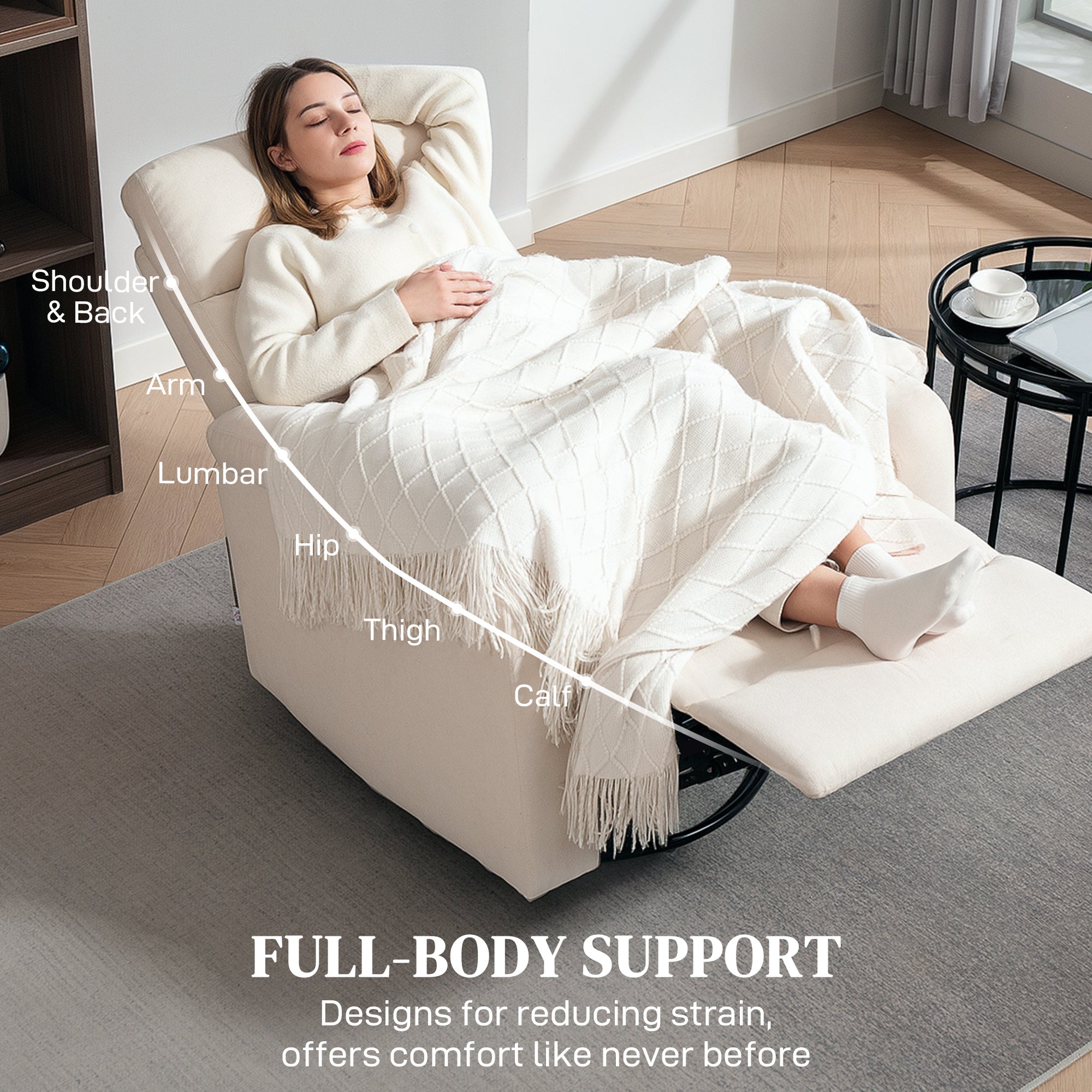 HOMCOM Swivel Rocker Recliner Chair, Wide Rocking Single Sofa with Pocket Spring, Footrest, Modern Fabric Overstuffed Reclining Chair for Living Room, Bedroom, Quick Assembly, Cream White